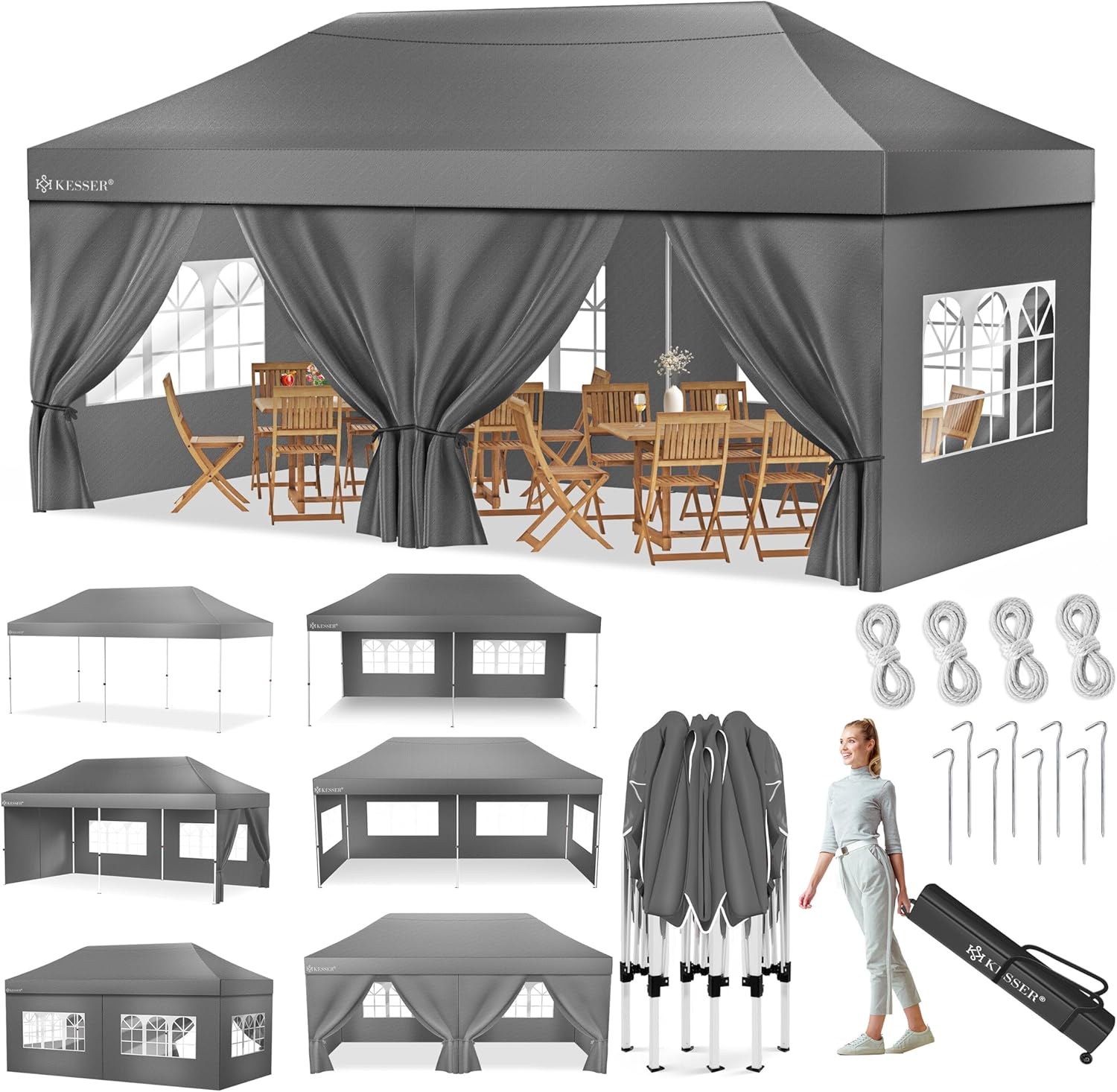 KESSER® Pavillon Faltpavillon 6x3m Festzelt mit 6 abnehmbaren Seitenwänden, Gartenzelt Höhenverstellbar & Wasserdicht + Tasche Rollbar Bodenanker Pop-Up Klicksystem UV-Schutz 50+ Partyzelt Anthrazit