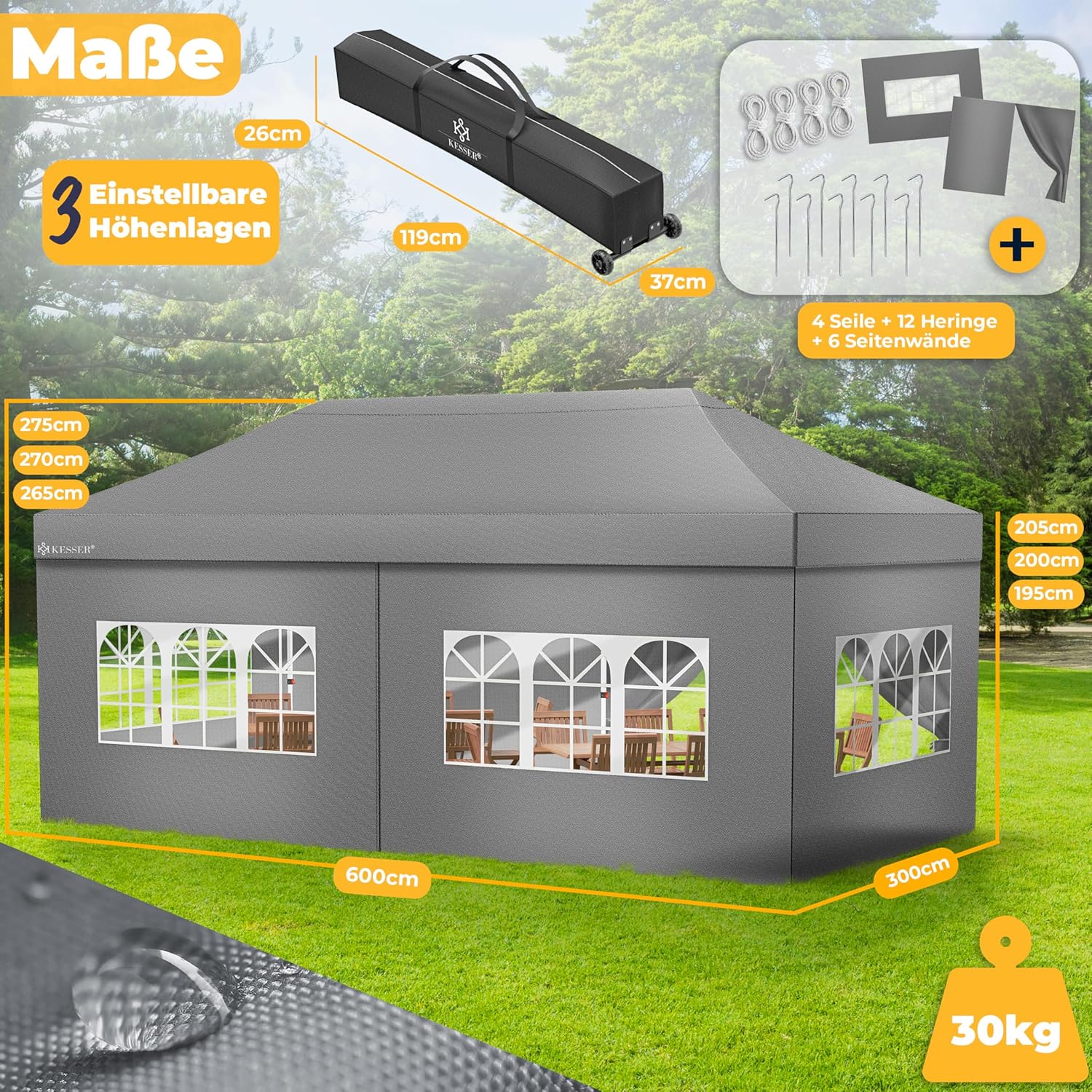 KESSER® Pavillon Faltpavillon 6x3m Festzelt mit 6 abnehmbaren Seitenwänden, Gartenzelt Höhenverstellbar & Wasserdicht + Tasche Rollbar Bodenanker Pop-Up Klicksystem UV-Schutz 50+ Partyzelt Anthrazit — Ansicht 4