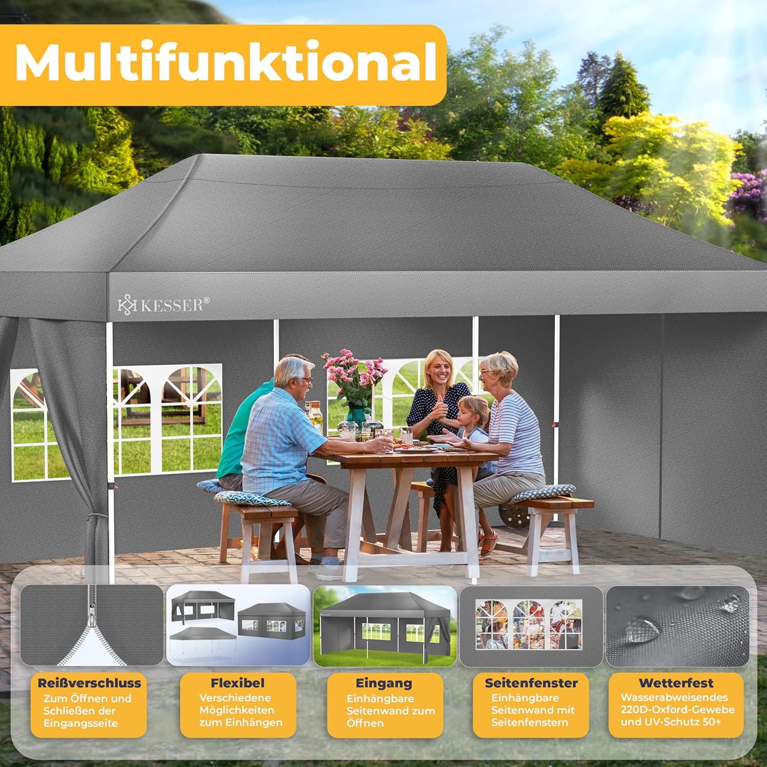 KESSER® Pavillon Faltpavillon 6x3m Festzelt mit 6 abnehmbaren Seitenwänden, Gartenzelt Höhenverstellbar & Wasserdicht + Tasche Rollbar Bodenanker Pop-Up Klicksystem UV-Schutz 50+ Partyzelt Anthrazit — Ansicht 5