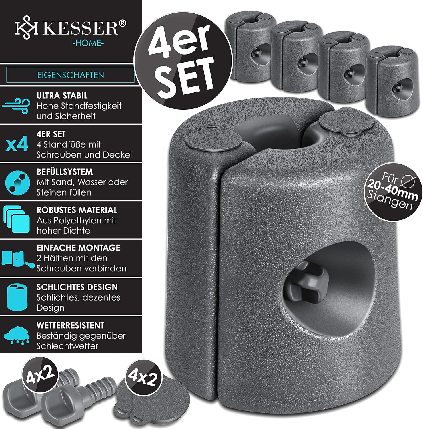 KESSER® Pavillonstandfüße 4er Set Pavillon Standfuß mit Wasser/Sand befüllbar 22 x 22 x 25cm HDPE Gewichte zur Stabilisation für Pavillons Gartenzelte Festzelte Standsicherung Stabil, Anthrazit — Ansicht 2
