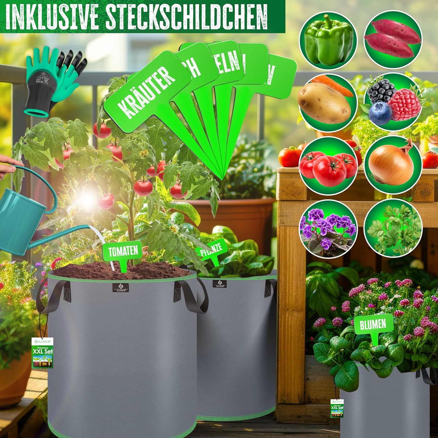 KESSER® Pflanzsack 27 Liter - 5er Set | Pflanzsäcke aus Vlies-Stoff inkl. Schildchen & Gartenhandschuhe | Kartoffel-Pflanztasche mit Fenster & Griffen | Pflanzbeutel für Gemüse Blumen Früchte Grau — Ansicht 4