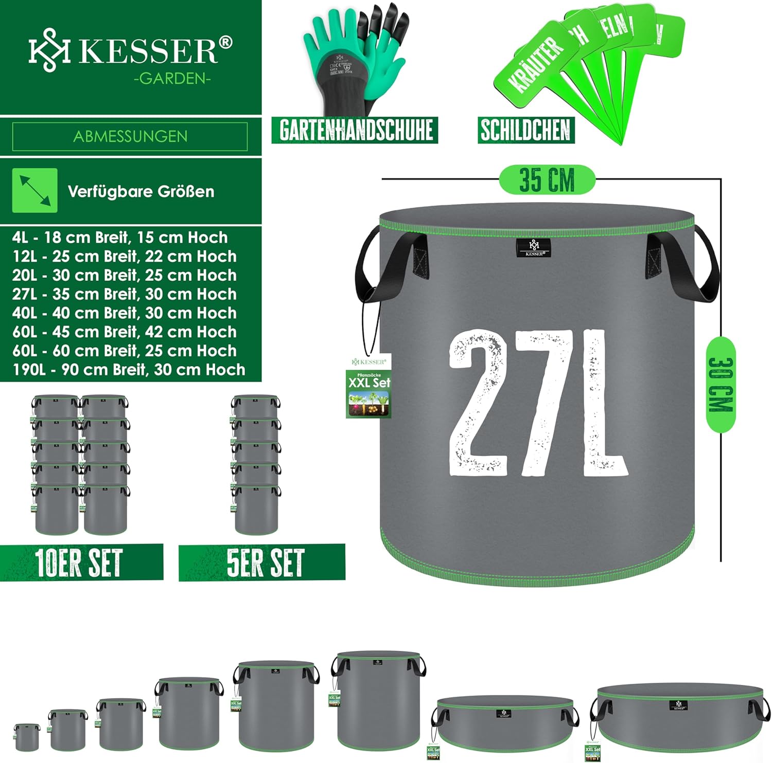 KESSER® Pflanzsack 27 Liter - 5er Set | Pflanzsäcke aus Vlies-Stoff inkl. Schildchen & Gartenhandschuhe | Kartoffel-Pflanztasche mit Fenster & Griffen | Pflanzbeutel für Gemüse Blumen Früchte Grau — Ansicht 6