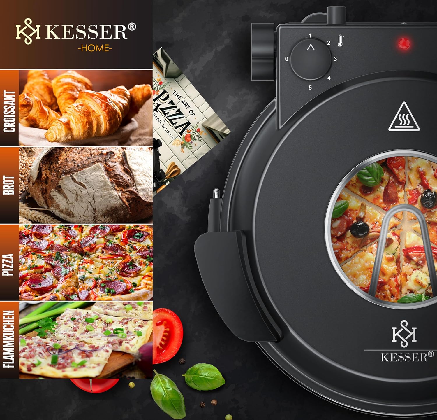 KESSER® Pizza-Ofen elektrisch bis 400 Grad | Elektrischer Pizzabäcker 1200W mit feuerfester Steinplatte & Timer Durchmesser 32cm | 5 Heizstufen & Sichtfenster | inkl. Pizzaschneider & Rezeptbuch — Ansicht 5
