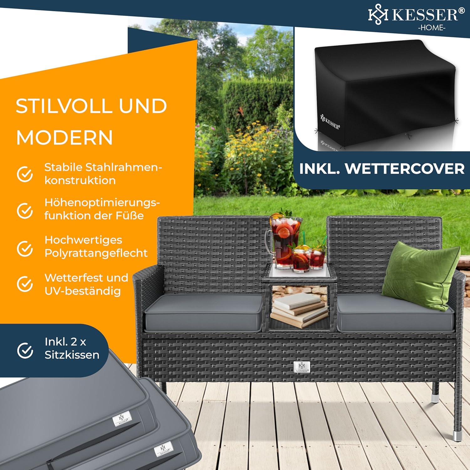 KESSER® Polyrattan Gartenbank mit Tisch, 2 Sitzer, 143x63x88cm Gartenbank wetterfest, Sitzbank Outdoor, Balkonbank mit Ablage, Gartenmöbel Rattan Bank für Garten & Balkon + Kissen & Cover, Anthrazit — Ansicht 2