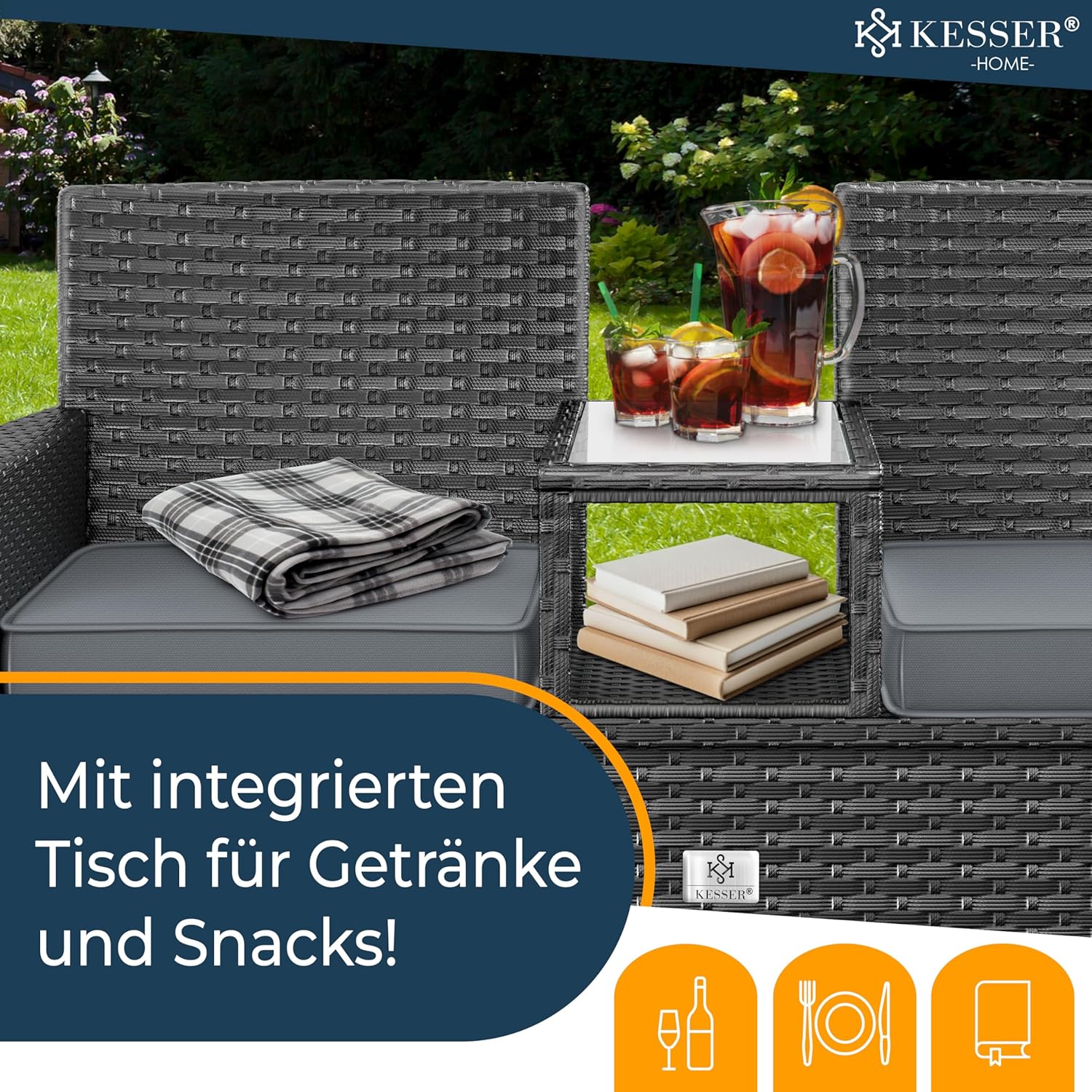 KESSER® Polyrattan Gartenbank mit Tisch, 2 Sitzer, 143x63x88cm Gartenbank wetterfest, Sitzbank Outdoor, Balkonbank mit Ablage, Gartenmöbel Rattan Bank für Garten & Balkon + Kissen & Cover, Anthrazit — Ansicht 3