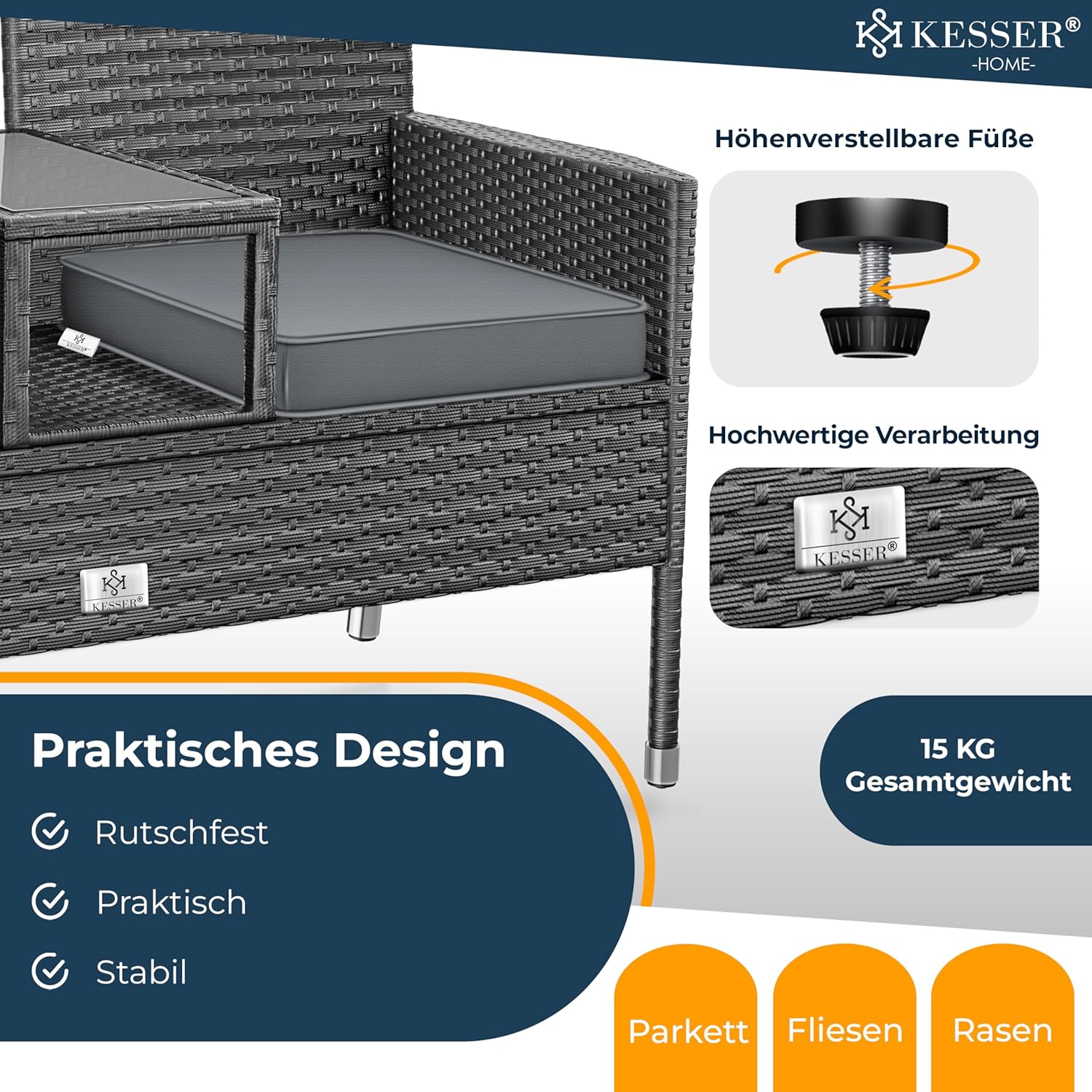 KESSER® Polyrattan Gartenbank mit Tisch, 2 Sitzer, 143x63x88cm Gartenbank wetterfest, Sitzbank Outdoor, Balkonbank mit Ablage, Gartenmöbel Rattan Bank für Garten & Balkon + Kissen & Cover, Anthrazit — Ansicht 5