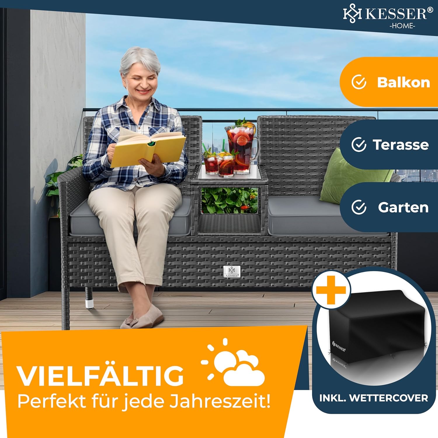 KESSER® Polyrattan Gartenbank mit Tisch, 2 Sitzer, 143x63x88cm Gartenbank wetterfest, Sitzbank Outdoor, Balkonbank mit Ablage, Gartenmöbel Rattan Bank für Garten & Balkon + Kissen & Cover, Anthrazit — Ansicht 6