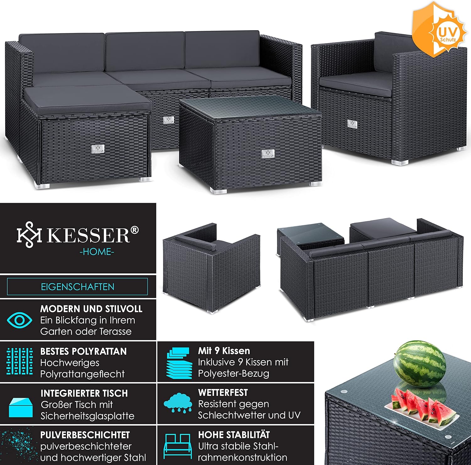 KESSER® Polyrattan Lounge Aruba - Gartenlounge für 4-5 Personen Gartenmöbel-Set Sitzgruppe aus 3er Gartensofa, Sessel, Hocker Beistelltisch mit Sitzkissen für Garten, Terrasse und Balkon, Anthrazit — Ansicht 2