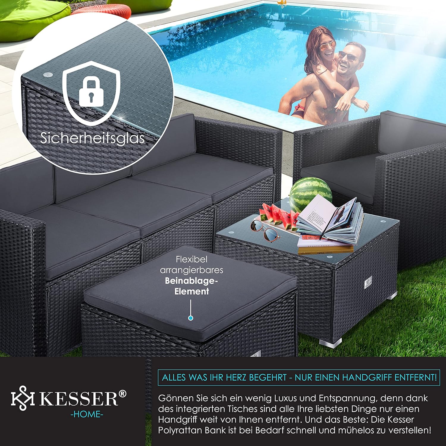 KESSER® Polyrattan Lounge Aruba - Gartenlounge für 4-5 Personen Gartenmöbel-Set Sitzgruppe aus 3er Gartensofa, Sessel, Hocker Beistelltisch mit Sitzkissen für Garten, Terrasse und Balkon, Anthrazit — Ansicht 5