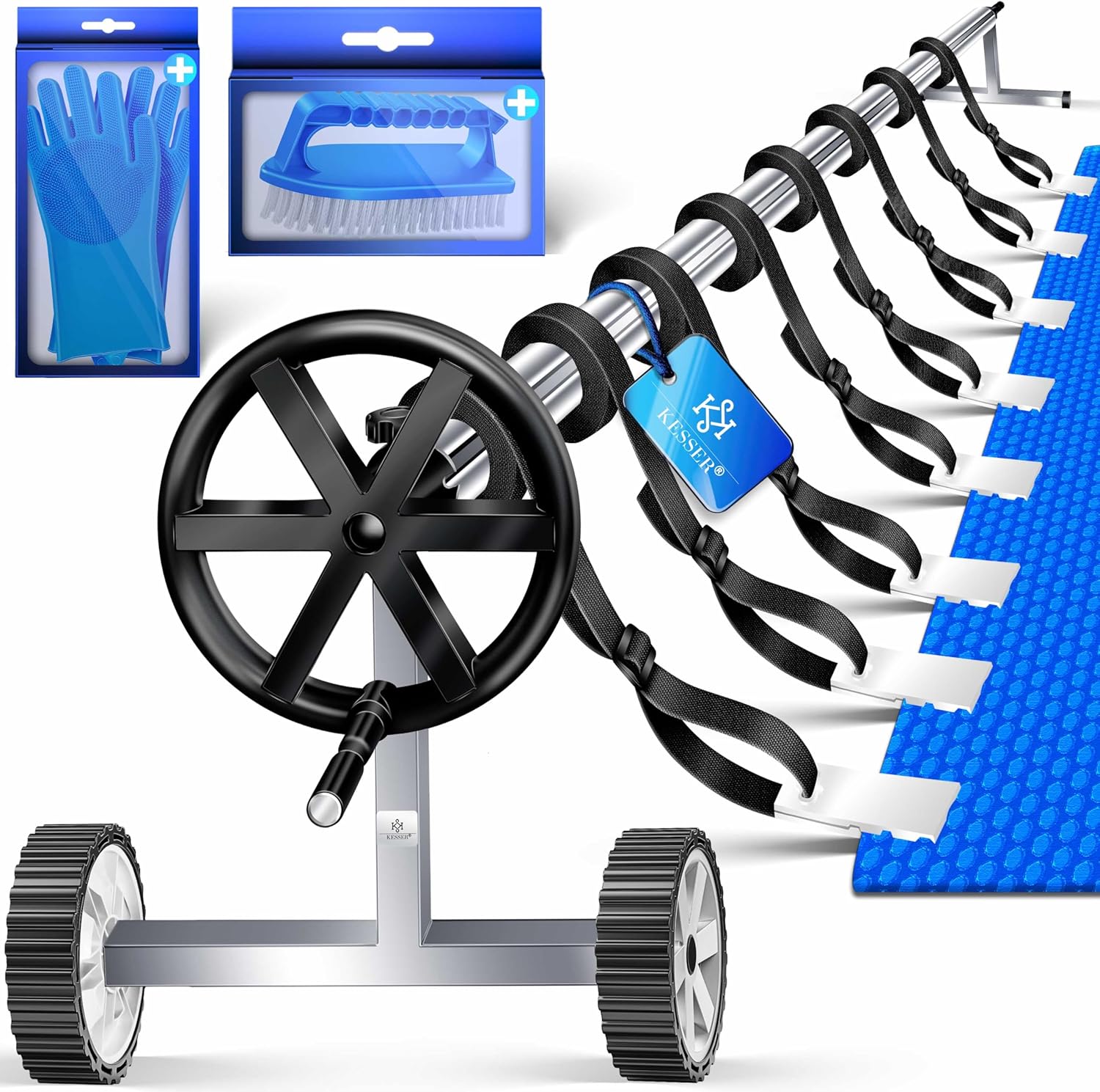 KESSER® Pool Premium Aufrollsystem 3m - 5,70m | Mit Rädern | für Solarplane | mobiles Aufrollvorrichtung für Poolplane & Abdeckung | inkl. Bänder, Handschuhe & Bürste | witterungsbeständiges Material