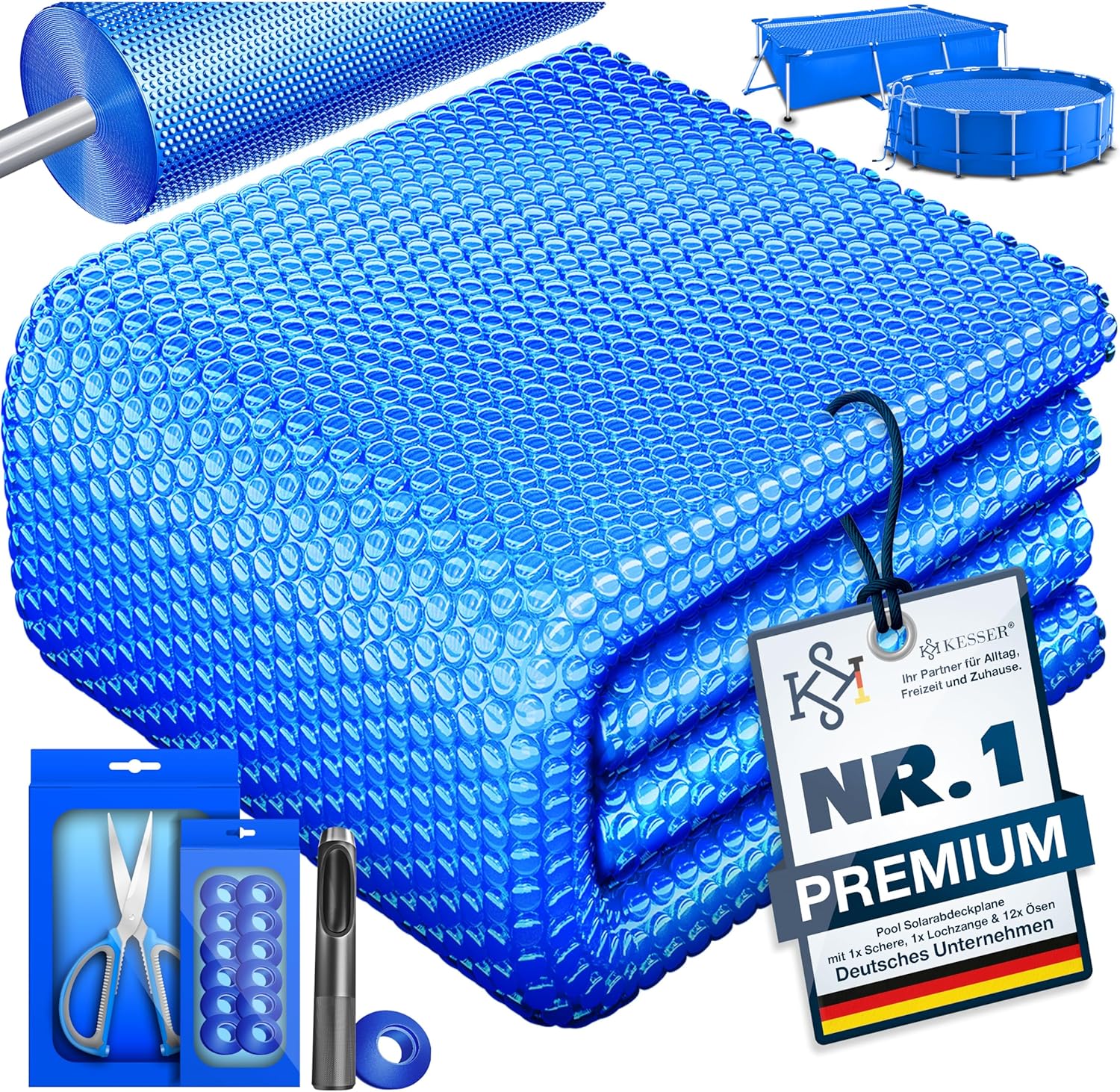 KESSER® Pool Solarabdeckplane Rechteckig 600 x 400cm Solarfolie 120 μm Solarabdeckung Solarplane zuschneidbar, Poolheizung Wassererwärmung Wärmeplane, Solarplane mit 1x Schere,1x Lochzange & 12x Ösen