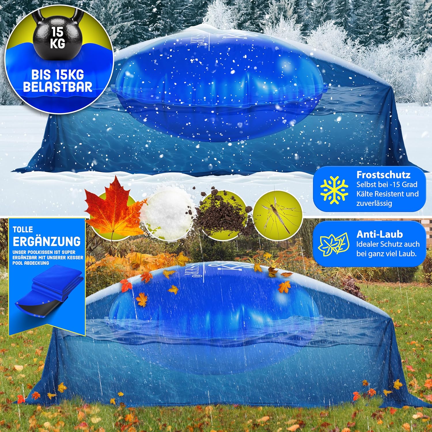 KESSER® Poolkissen Winter 400cm | Poolabdeckung mit Doppelnaht Whirpools | Luftkissen Pool Abdeckung Überwinterung | Abdeckung Einbaupools Winter | PVC wasserdicht & UV-beständig mit 4X Seile — Ansicht 5