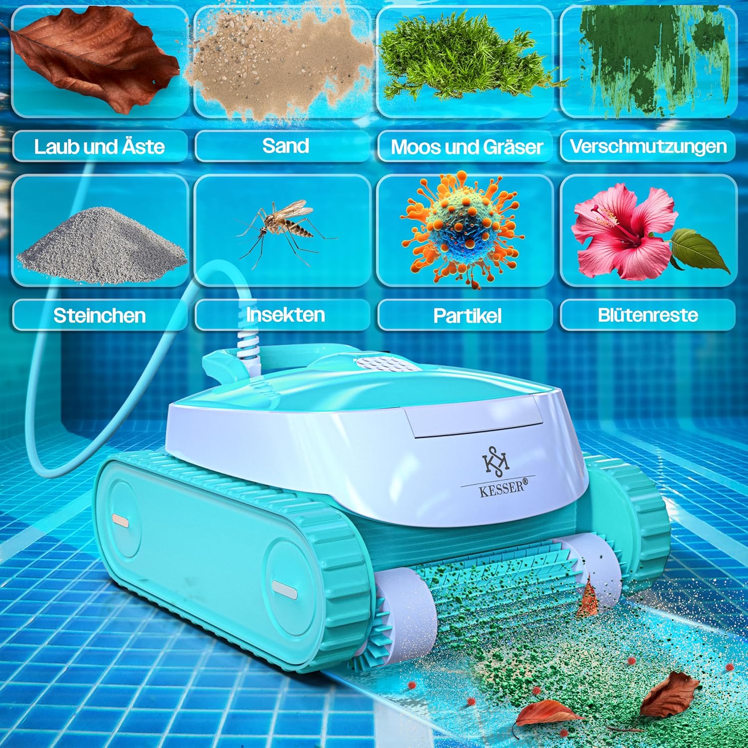 KESSER® Poolroboter für Boden und Wand bis 100 m2, Wasserlinienreinigung, automatischer Poolreiniger mit App-Funktion & Kontrollmodul, Poolsauger für eingelassene Pools mit Klettermechanismus — Ansicht 3