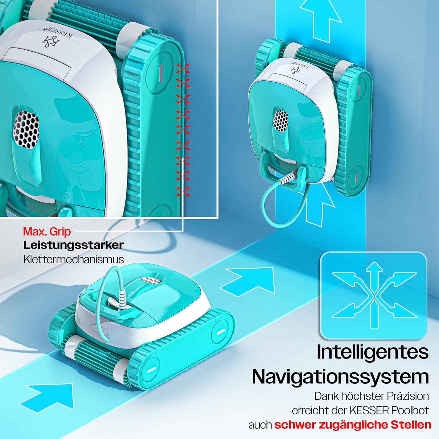 KESSER® Poolroboter für Boden und Wand bis 100 m2, Wasserlinienreinigung, automatischer Poolreiniger mit App-Funktion & Kontrollmodul, Poolsauger für eingelassene Pools mit Klettermechanismus — Ansicht 4