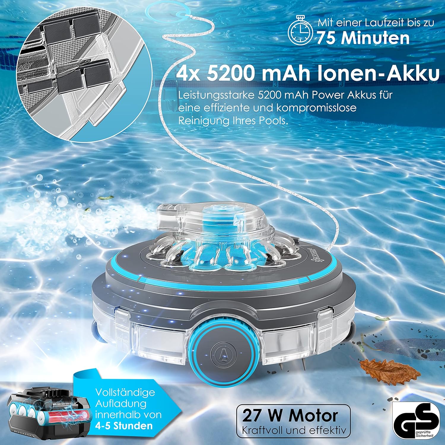 KESSER® Poolroboter Poolreiniger Akku Aqua-9000 inkl. Transporttasche Pool Roboter für bis 80m2 Pools, Li-Ion Akku max. 75 min, Kabellos Poolsauger Bodenreinigung Vollautomatisch Bodensauger Anthrazit — Ansicht 4