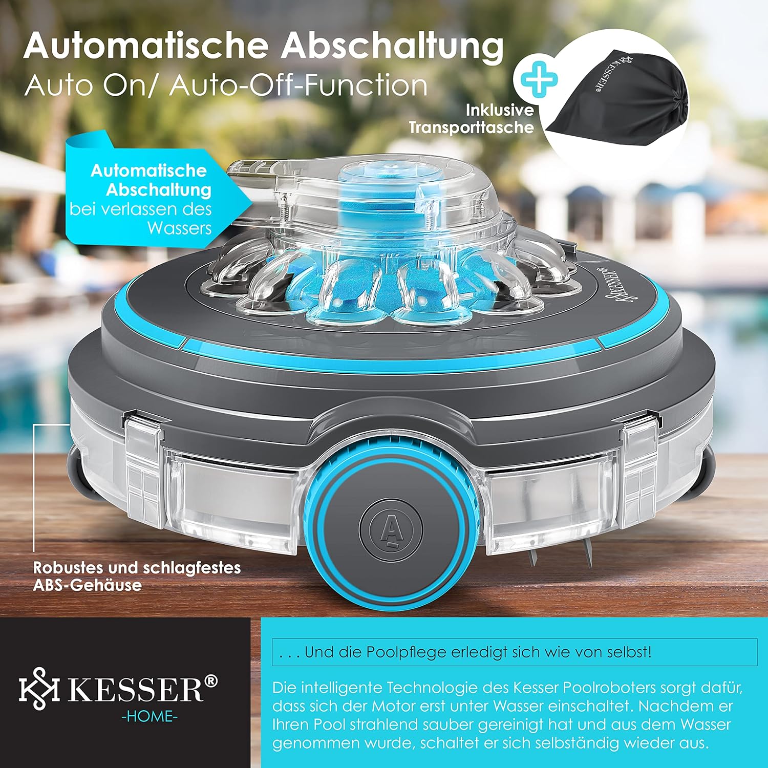 KESSER® Poolroboter Poolreiniger Akku Aqua-9000 inkl. Transporttasche Pool Roboter für bis 80m2 Pools, Li-Ion Akku max. 75 min, Kabellos Poolsauger Bodenreinigung Vollautomatisch Bodensauger Anthrazit — Ansicht 6
