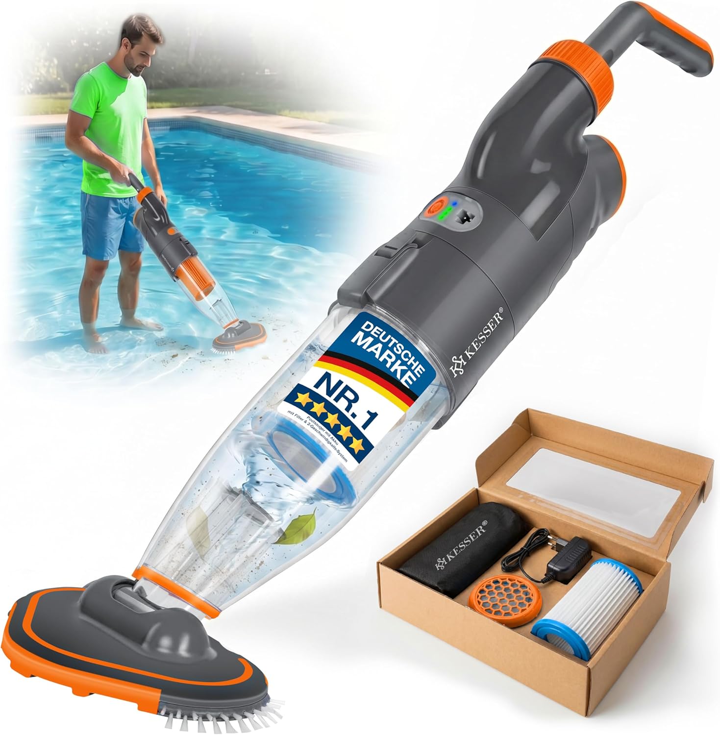KESSER® Poolsauger mit Akku | elektrische Pool Bodensauger | Poolreiniger mit Filter & 2-Geschwindigkeits-System | Handsauger Reinigungsset kabellos bis zu 15m3