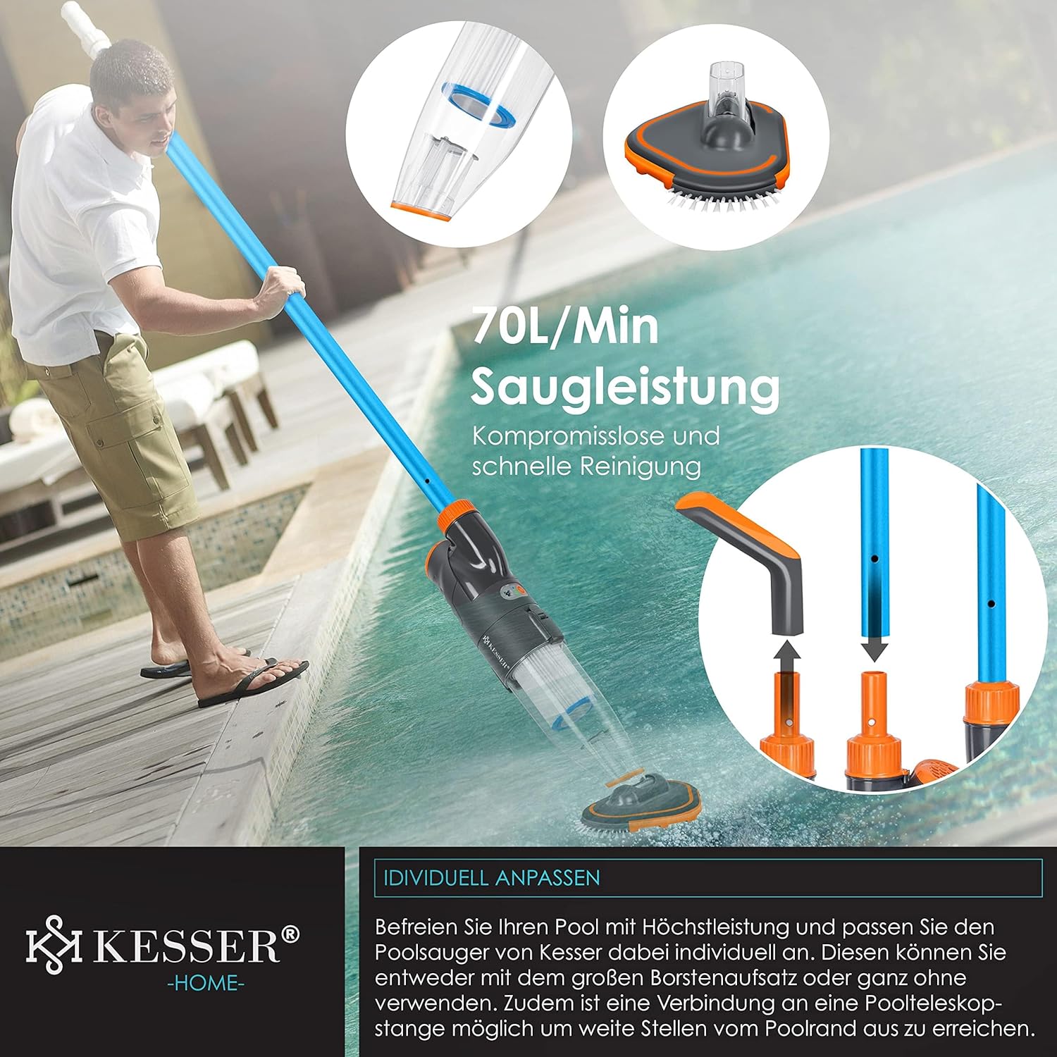 KESSER® Poolsauger mit Akku | elektrische Pool Bodensauger | Poolreiniger mit Filter & 2-Geschwindigkeits-System | Handsauger Reinigungsset kabellos bis zu 15m3 — Ansicht 6