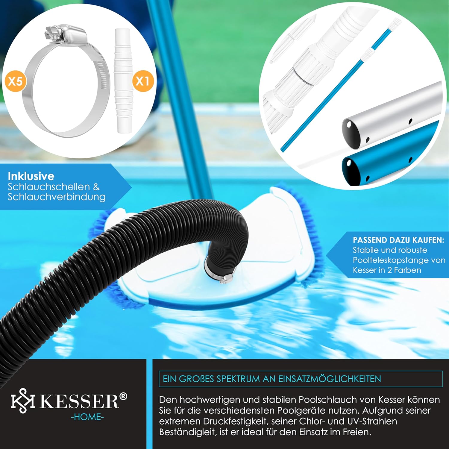 KESSER® Poolschlauch 14m / Ø 32mm | Schwimmbadschlauch mit Muffen | Solarschlauch für Pool | Saugschlauch | Pumpenschlauch | Flexibler Wasserschlauch inkl. Schlauchschellen & -verbindung | Schwarz — Ansicht 3