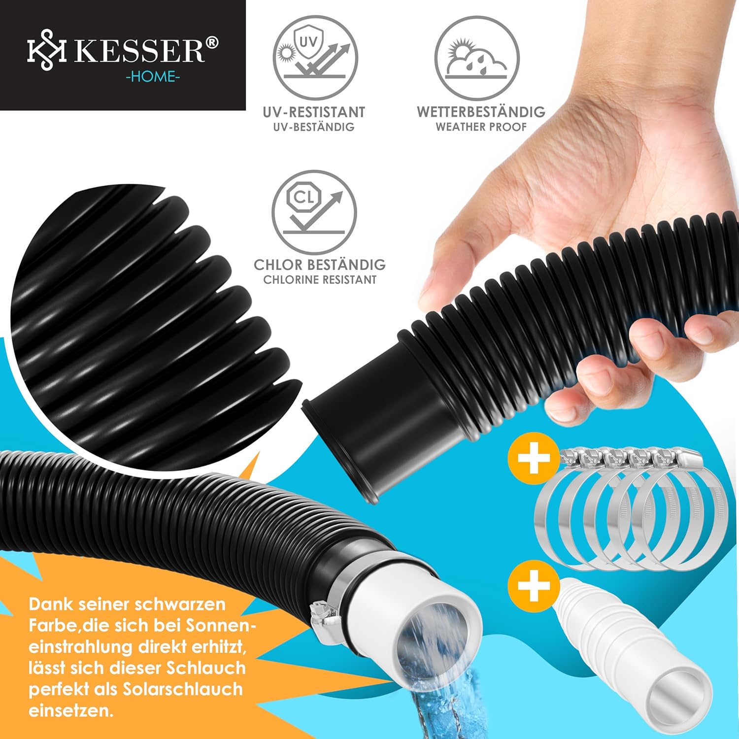 KESSER® Poolschlauch 14m / Ø 32mm | Schwimmbadschlauch mit Muffen | Solarschlauch für Pool | Saugschlauch | Pumpenschlauch | Flexibler Wasserschlauch inkl. Schlauchschellen & -verbindung | Schwarz — Ansicht 5