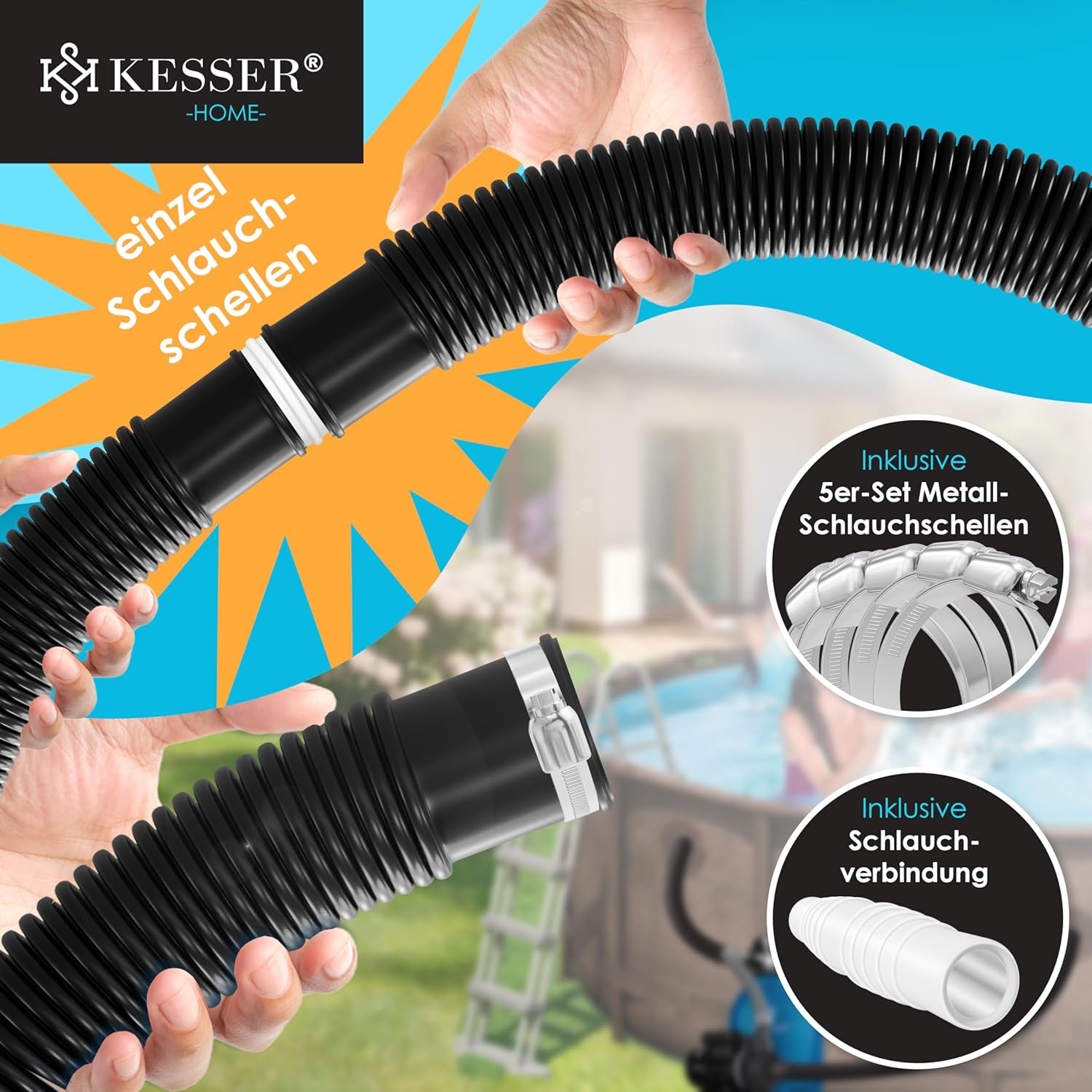 KESSER® Poolschlauch 14m / Ø 32mm | Schwimmbadschlauch mit Muffen | Solarschlauch für Pool | Saugschlauch | Pumpenschlauch | Flexibler Wasserschlauch inkl. Schlauchschellen & -verbindung | Schwarz — Ansicht 6