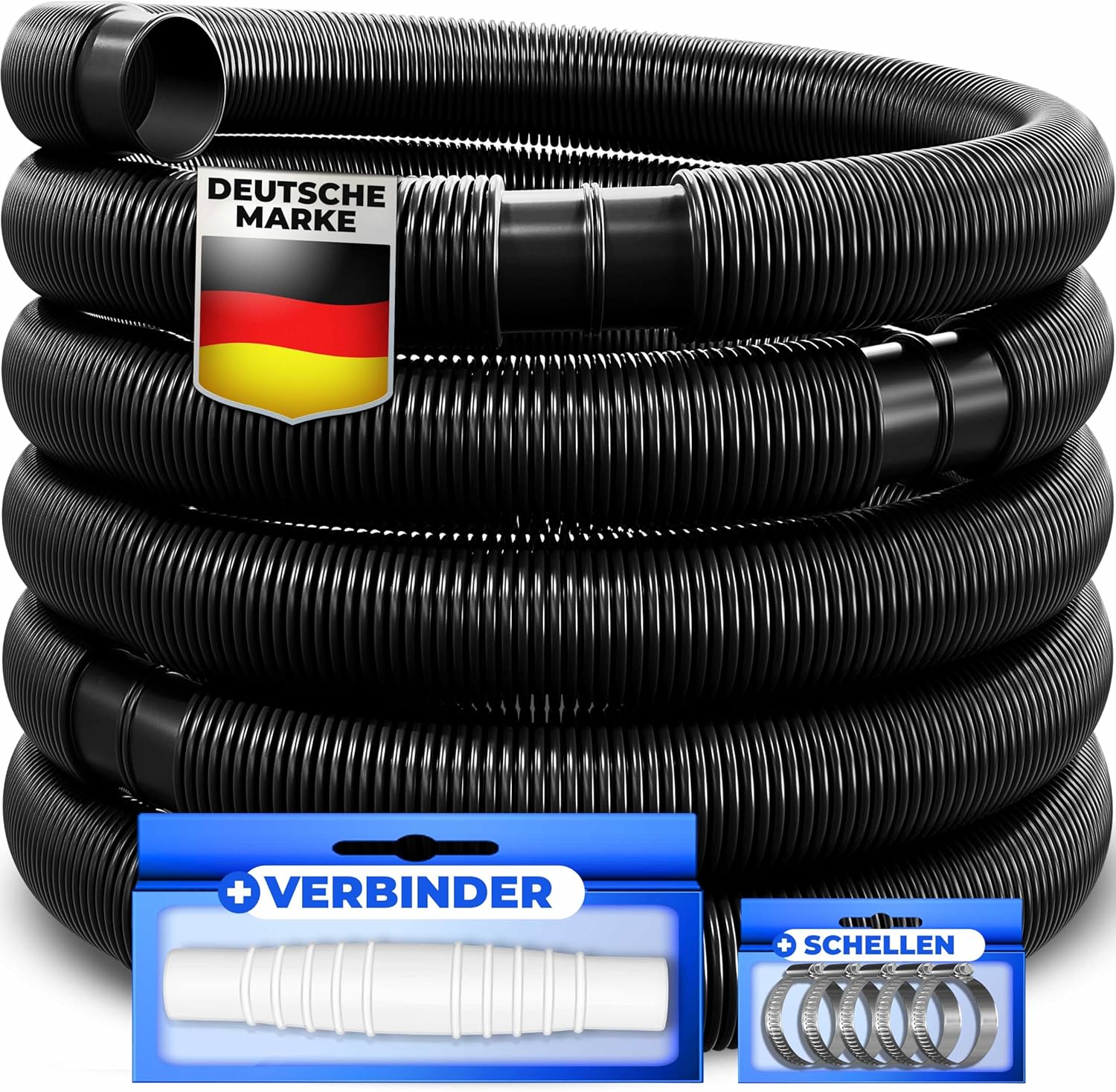 KESSER® Poolschlauch 14m / Ø 32mm | Schwimmbadschlauch mit Muffen | Solarschlauch für Pool | Saugschlauch | Pumpenschlauch | Flexibler Wasserschlauch inkl. Schlauchschellen & -verbindung | Schwarz