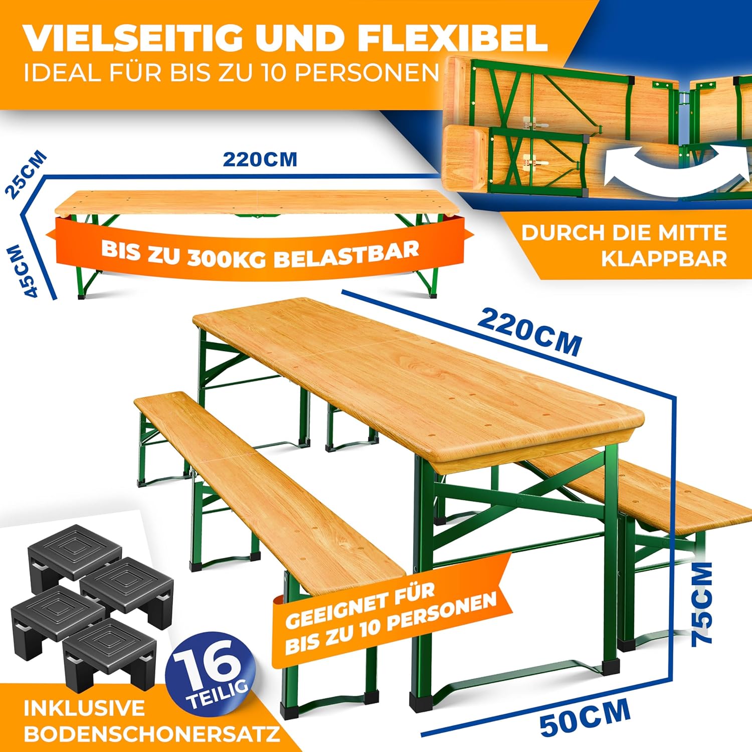 KESSER® Premium Bierzeltgarnitur 3-TLG., Festzeltgarnitur klappbar, Biertisch mit 2 Bierbänken, Gartenmöbel Set Holz, Partygarnitur, Sitzgarnitur, wetterfest, stabil, 220x50x75cm,16-TLG. Bodenschoner — Ansicht 2