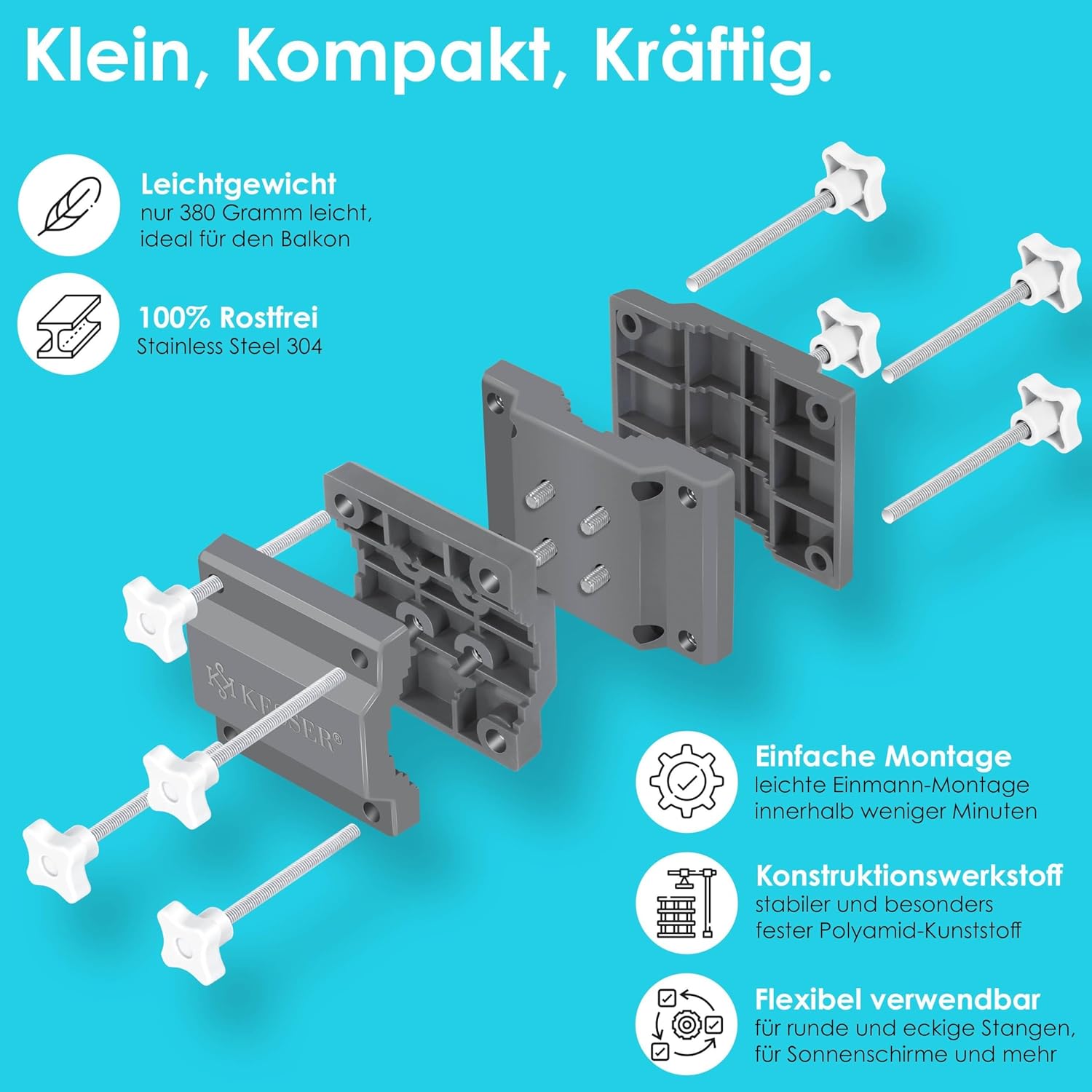 KESSER Premium Sonnenschirmhalter Universal Balkongeländer | Schirmständer für eckige und runde Schirme | Balkon Terrasse Sonnenschirm Halterung hohe Flexibilität | Starke Klemmkraft Grau/Hellgrau — Ansicht 4