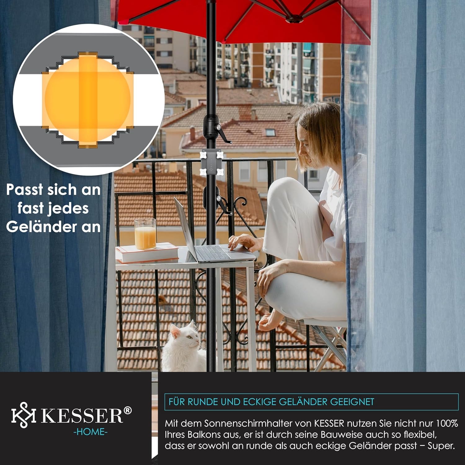 KESSER Premium Sonnenschirmhalter Universal Balkongeländer | Schirmständer für eckige und runde Schirme | Balkon Terrasse Sonnenschirm Halterung hohe Flexibilität | Starke Klemmkraft Grau/Hellgrau — Ansicht 5
