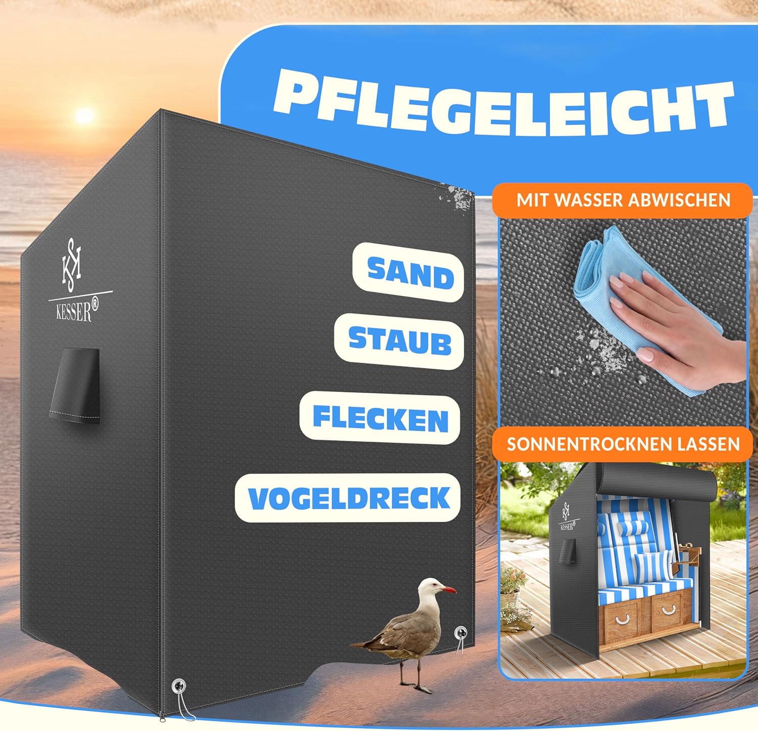 KESSER® Premium Strandkorb Schutzhülle mit Belüftungsöffnungen, Strandkorbhülle Wasserdicht, Winterfest UV-Beständiges, Schwerlast Reißfest 600D Oxford Gewebe Abdeckung (135x105x175cm), Anthrazit — Ansicht 6
