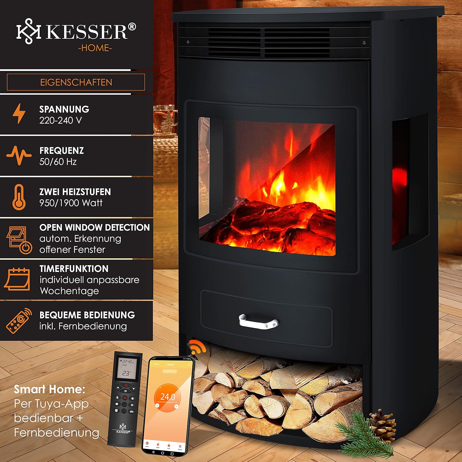 KESSER® Prio Elektrokamin mit Heizung Heizlüfter Fernbedienung WiFi App 950/1900 W Kamin elektrisch LED-Flammeneffekt Kaminfeuer mit Thermostat Panorama-Sichtfenster Heizfunktion Timer — Ansicht 2