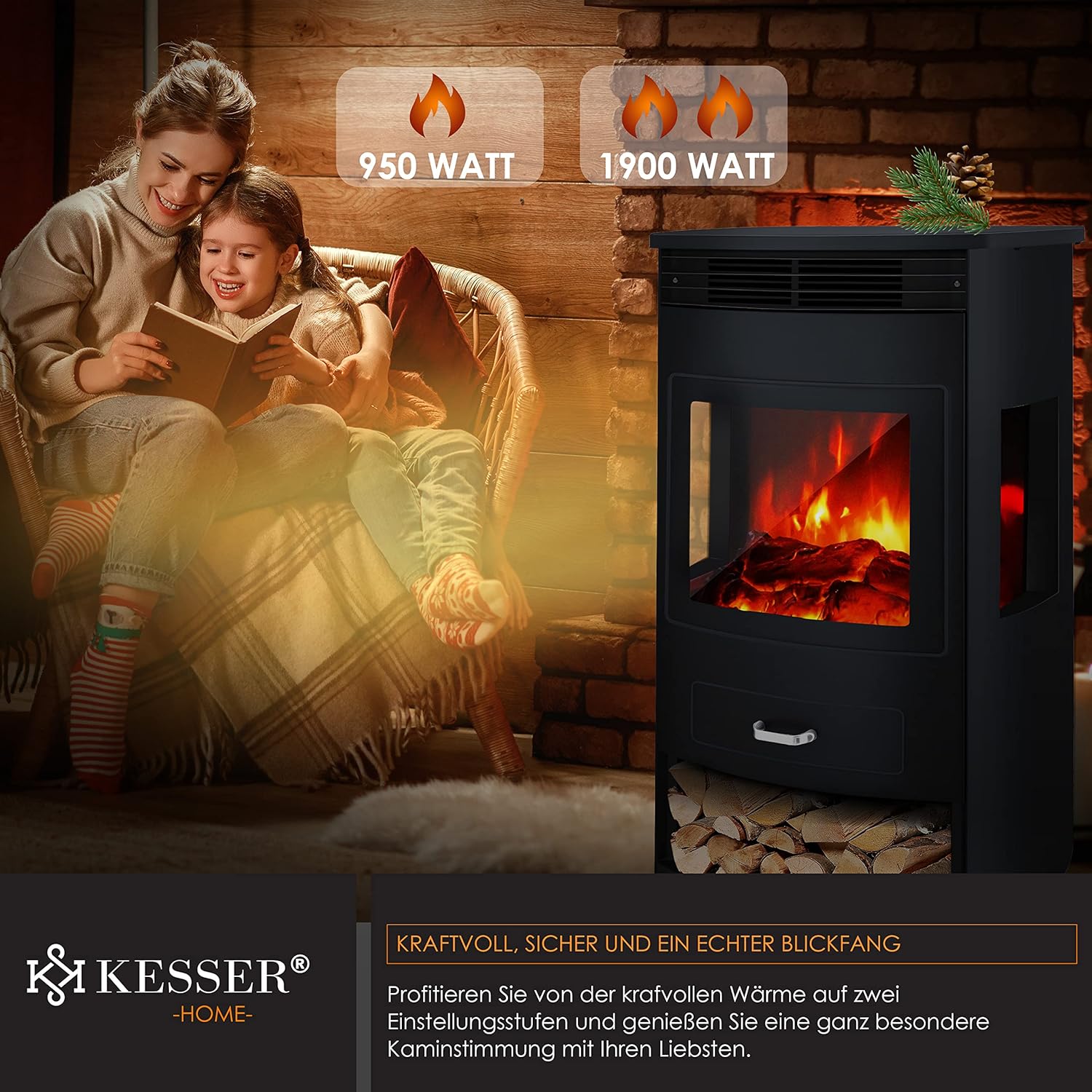 KESSER® Prio Elektrokamin mit Heizung Heizlüfter Fernbedienung WiFi App 950/1900 W Kamin elektrisch LED-Flammeneffekt Kaminfeuer mit Thermostat Panorama-Sichtfenster Heizfunktion Timer — Ansicht 3
