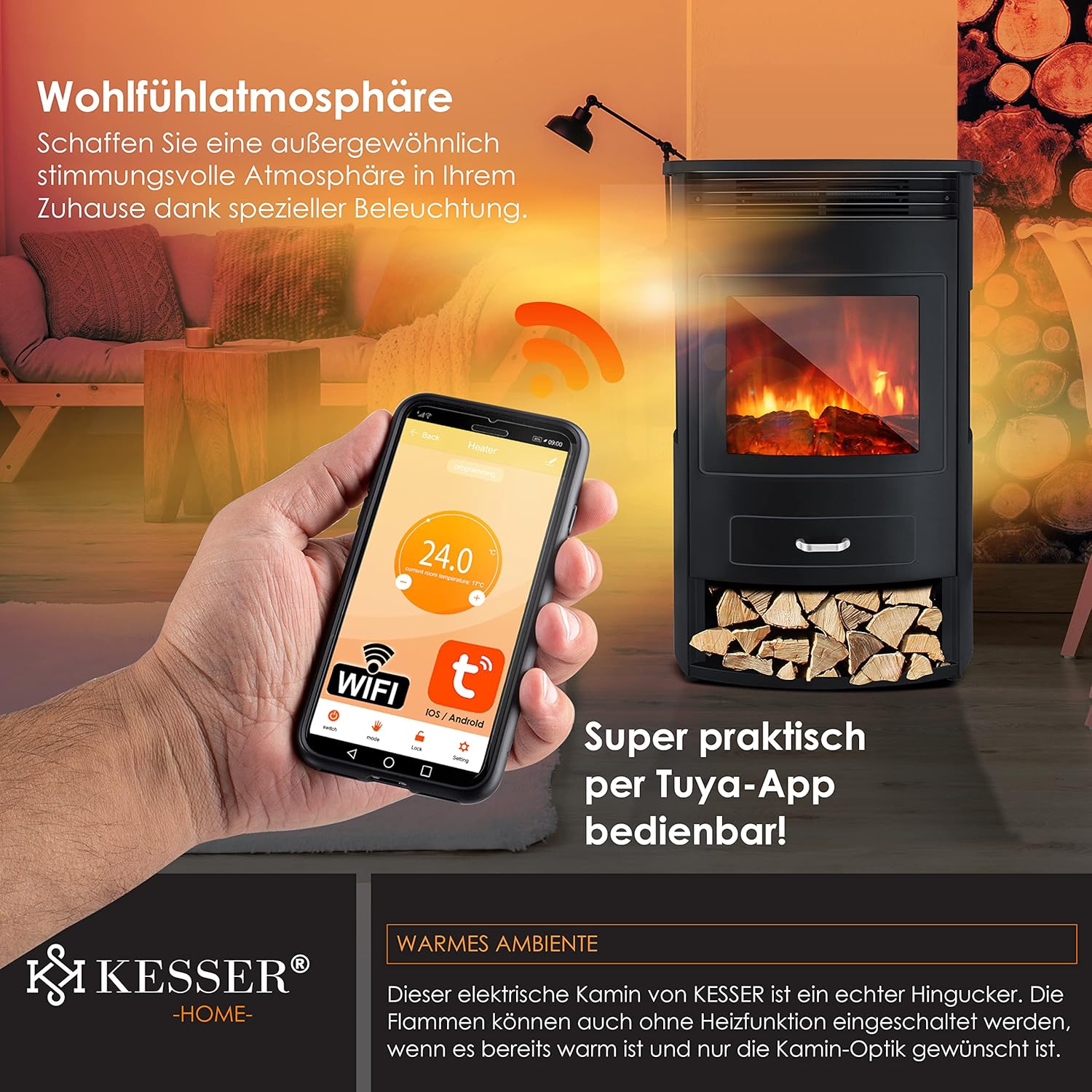 KESSER® Prio Elektrokamin mit Heizung Heizlüfter Fernbedienung WiFi App 950/1900 W Kamin elektrisch LED-Flammeneffekt Kaminfeuer mit Thermostat Panorama-Sichtfenster Heizfunktion Timer — Ansicht 5