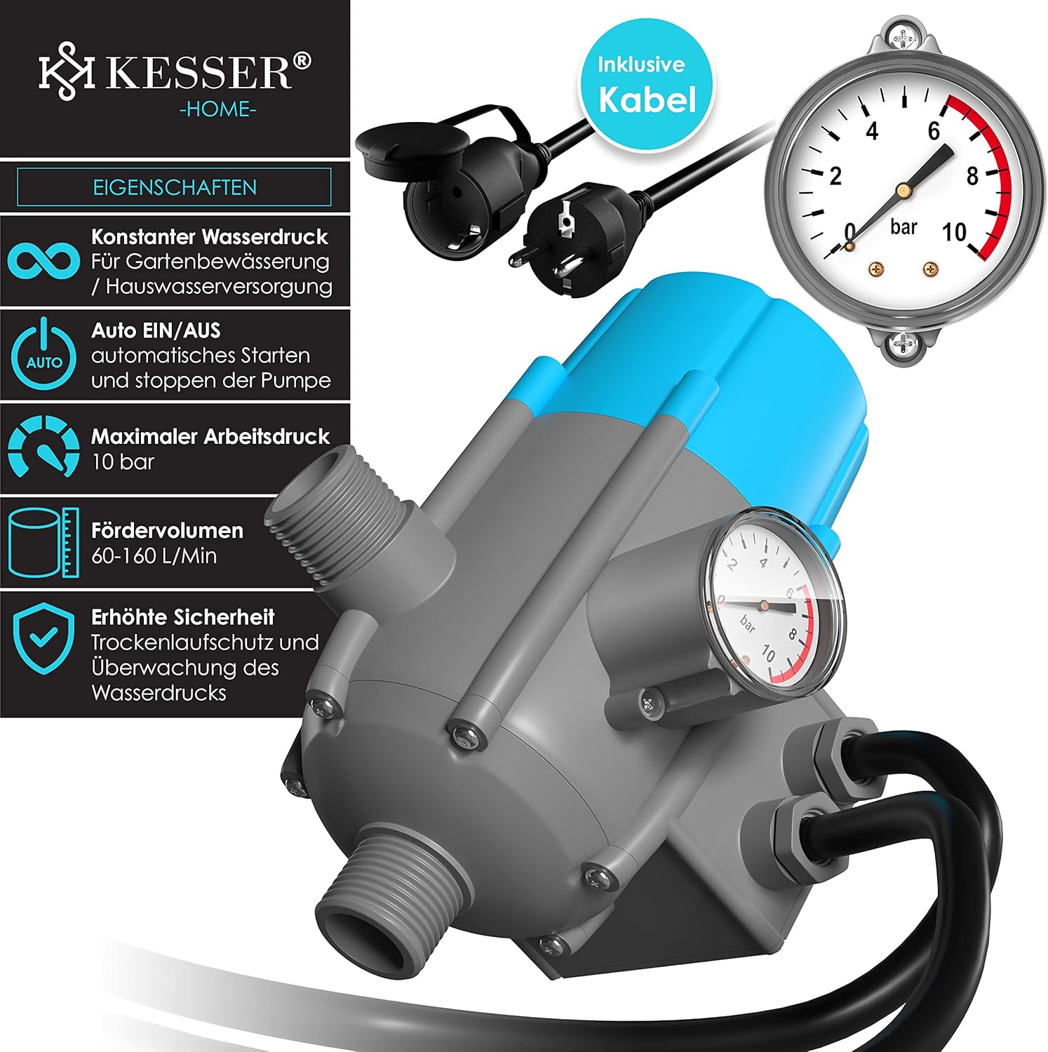 KESSER® Pumpensteuerung mit Baranzeige | mit Kabel | 10 bar Druckwächter Elektronische | Druckschalter | überwacht den Wasserdruck - automatisches Ein- und Ausschalten Garten & Haus — Ansicht 2