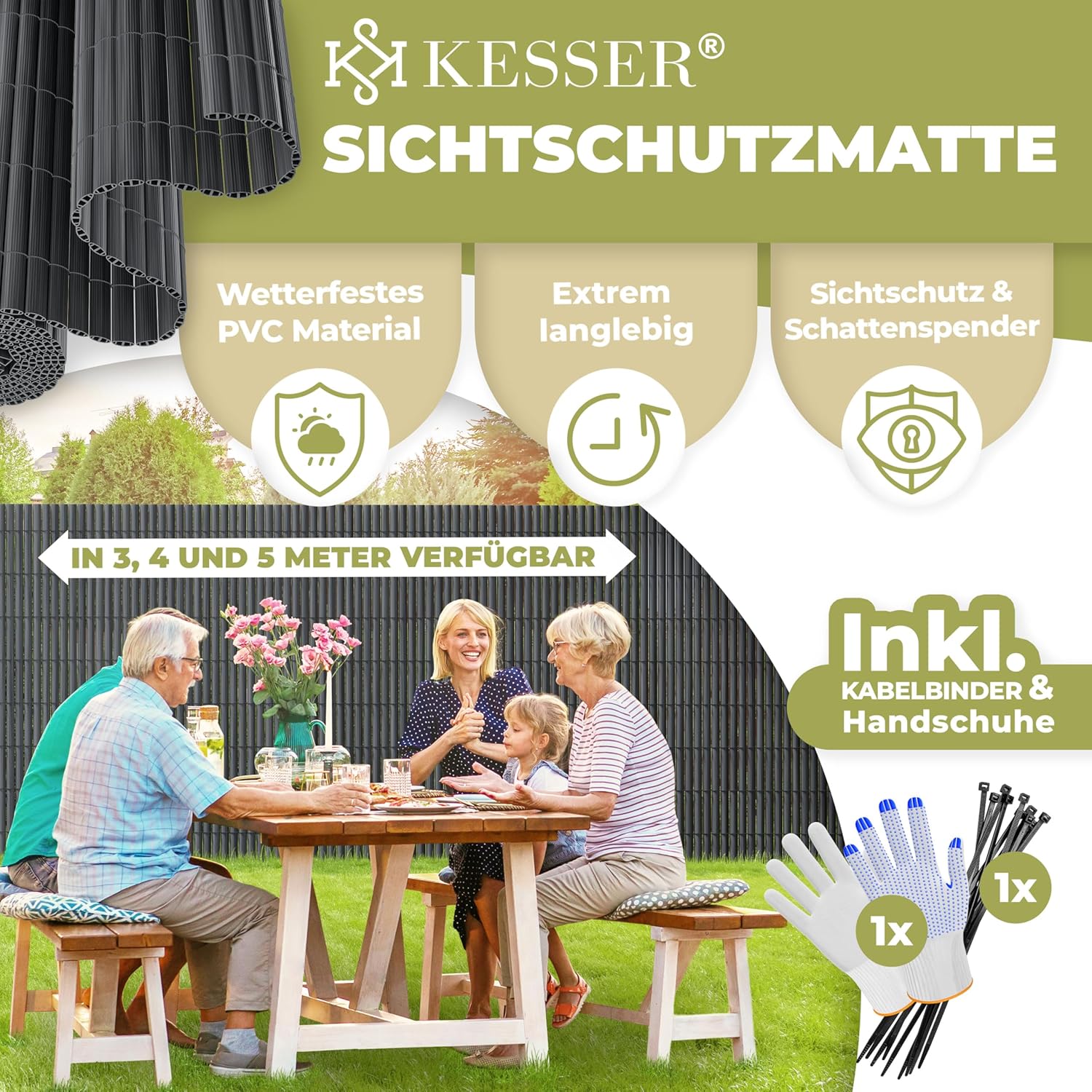 KESSER® PVC Sichtschutzmatte Sichtschutzzaun 120x500cm Balkonverkleidung Windschutz verstärkte Lamellen für Garten Balkon & Terrasse Balkonumrandung inkl Kabelbindern, Abdeckung & Handschuhe Anthrazit — Ansicht 2