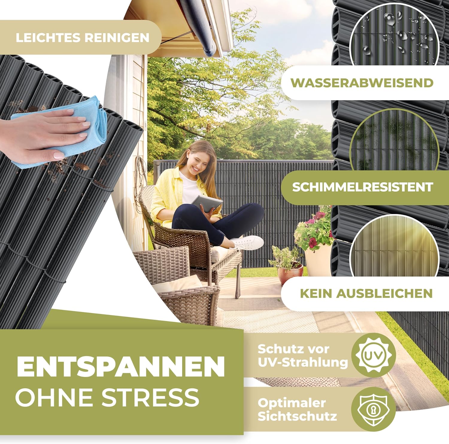 KESSER® PVC Sichtschutzmatte Sichtschutzzaun 120x500cm Balkonverkleidung Windschutz verstärkte Lamellen für Garten Balkon & Terrasse Balkonumrandung inkl Kabelbindern, Abdeckung & Handschuhe Anthrazit — Ansicht 4