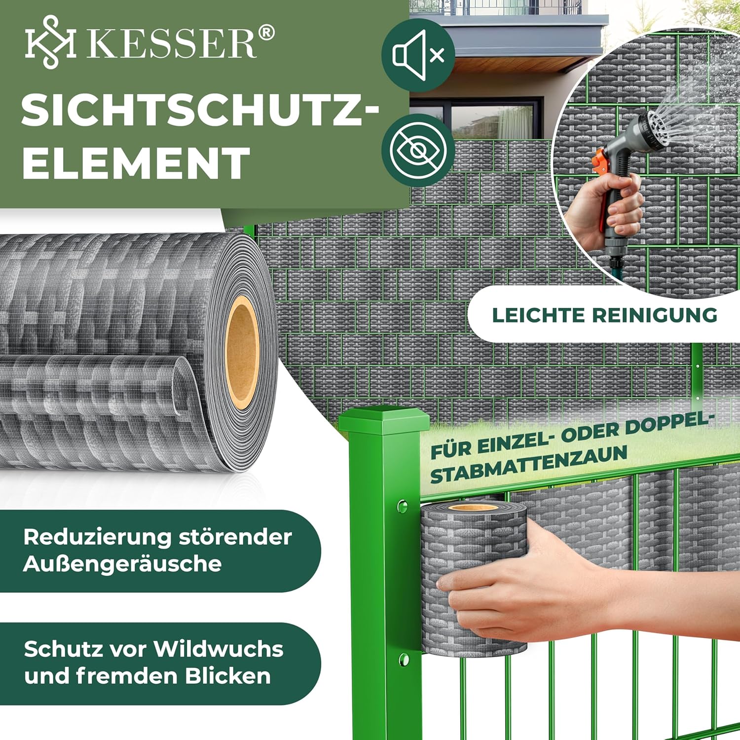 KESSER® PVC Sichtschutzstreifen Sichtschutz Rolle Doppelstabmatten Zaun Blickdicht 70m x 19 cm | 60 Befestigungsclips | Wetterfest Windschutz | Zaunfolie Sichtschutz Garten Gartenzaun Rattan-Anthrazit — Ansicht 2