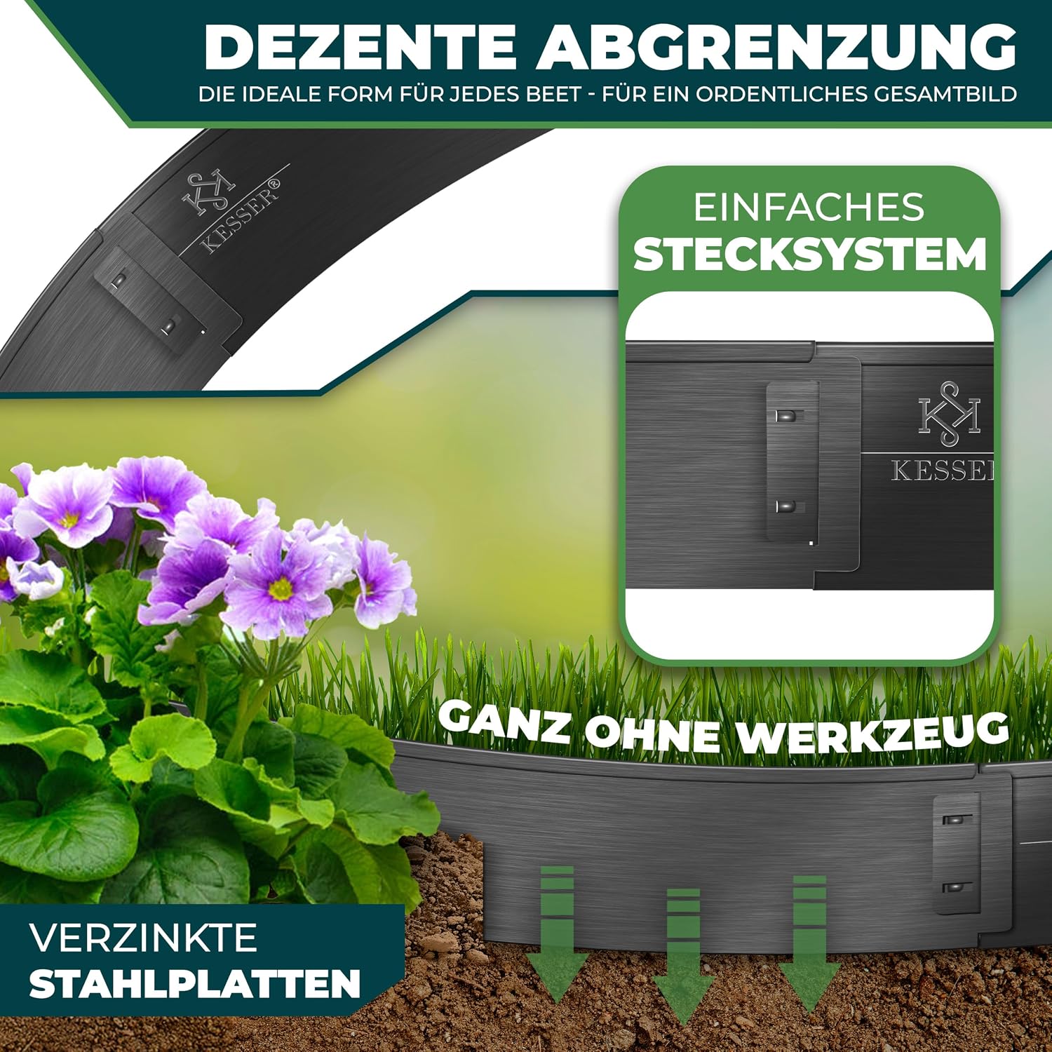 KESSER® Rasenkante Beeteinfassung Beetumrandung 10m 100x18cm Beetbegrenzung Rasenbleche Mähkante Metall Palisade Schwarz — Ansicht 2