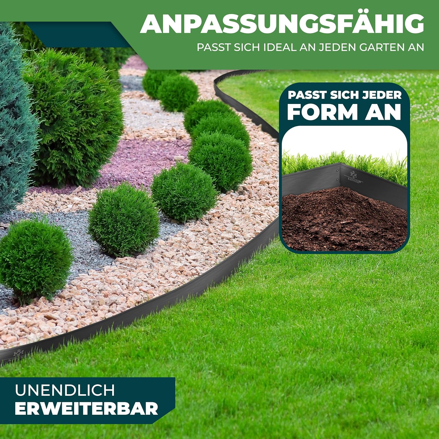 KESSER® Rasenkante Beeteinfassung Beetumrandung 10m 100x18cm Beetbegrenzung Rasenbleche Mähkante Metall Palisade Schwarz — Ansicht 6