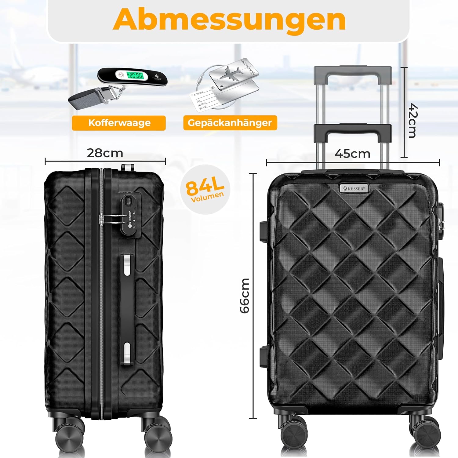 KESSER® Reisekoffer 84L Koffer Handgepäck ABS Hartschalenkoffer mit Zahlenschloss, Kofferwaage & Reisebrieftasche 360° Rollen | Rollkoffer für Business & Reise Trolley Black — Ansicht 2