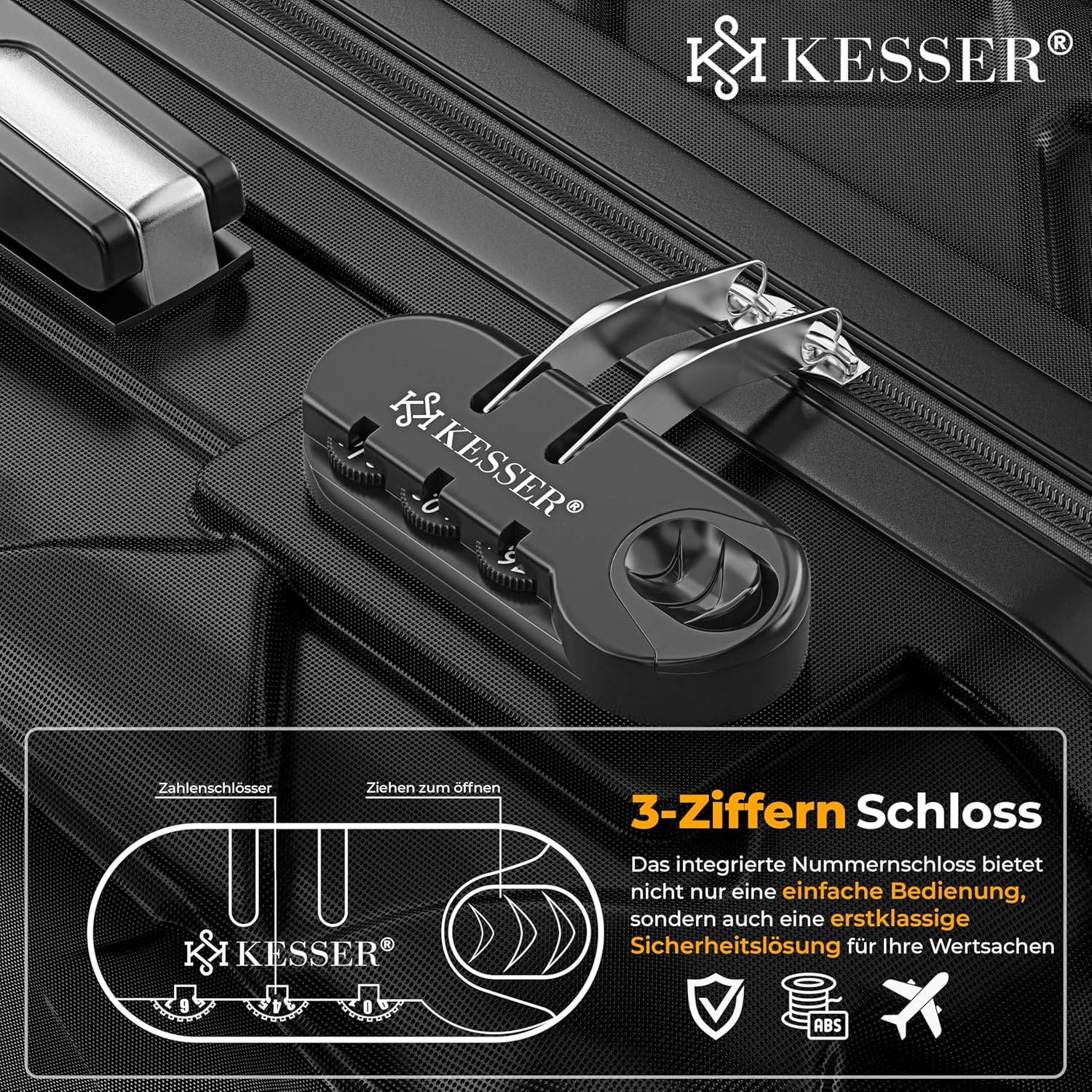 KESSER® Reisekoffer 84L Koffer Handgepäck ABS Hartschalenkoffer mit Zahlenschloss, Kofferwaage & Reisebrieftasche 360° Rollen | Rollkoffer für Business & Reise Trolley Black — Ansicht 3