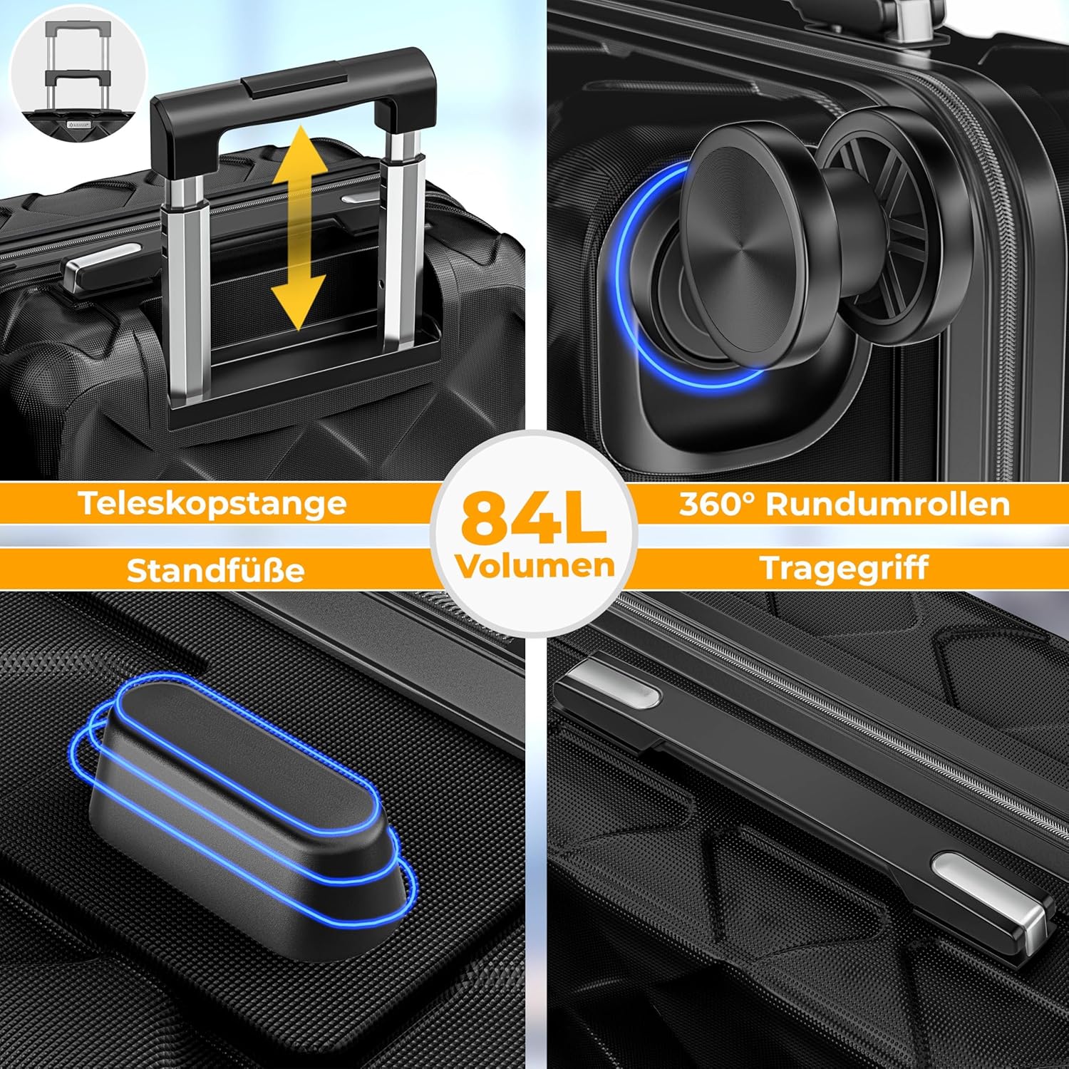 KESSER® Reisekoffer 84L Koffer Handgepäck ABS Hartschalenkoffer mit Zahlenschloss, Kofferwaage & Reisebrieftasche 360° Rollen | Rollkoffer für Business & Reise Trolley Black — Ansicht 5