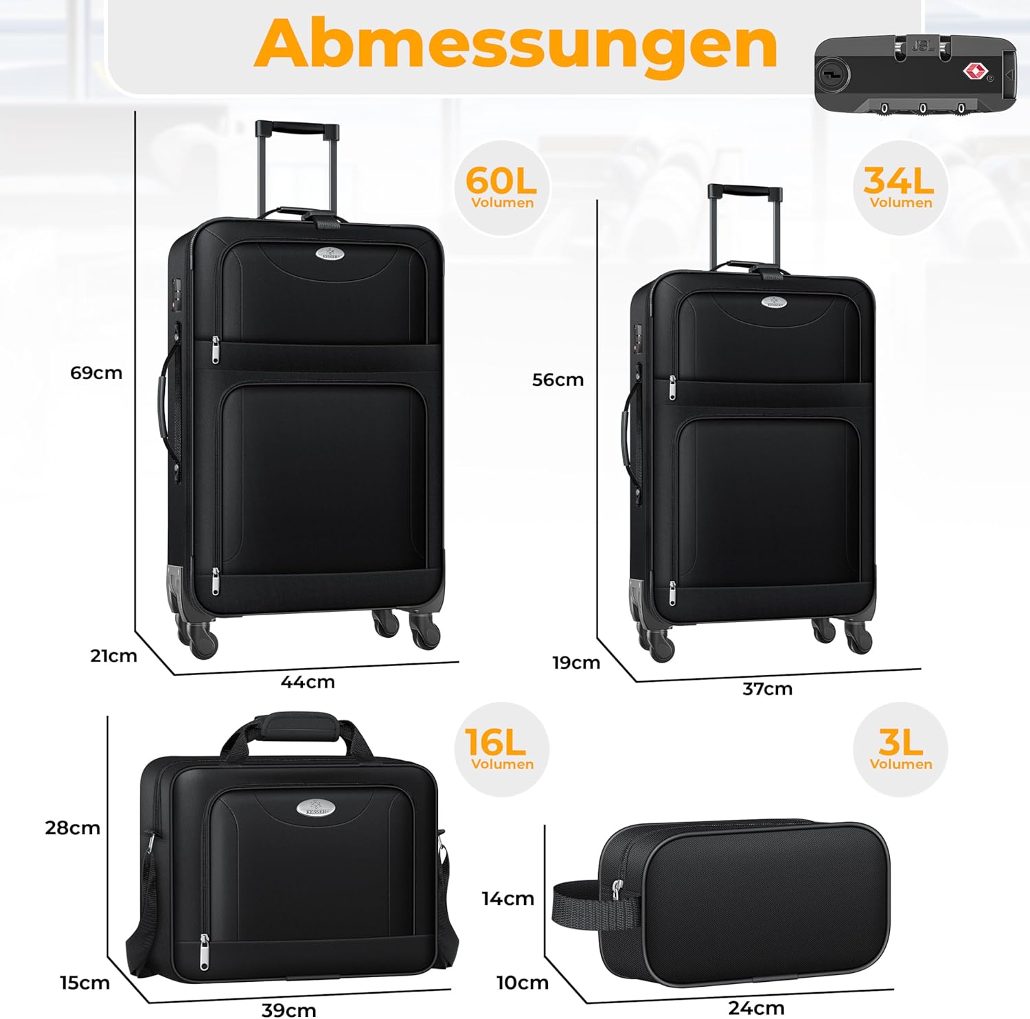 KESSER® Reisekoffer Set 4-teilig | Trolley Kofferset Stoffkoffer mit 3-Ziffern-TSA-Schloss, 360° Rollen & Teleskopgriff | Kosmetiktasche Handgepäck Leichter Koffer & große Koffer — Ansicht 2