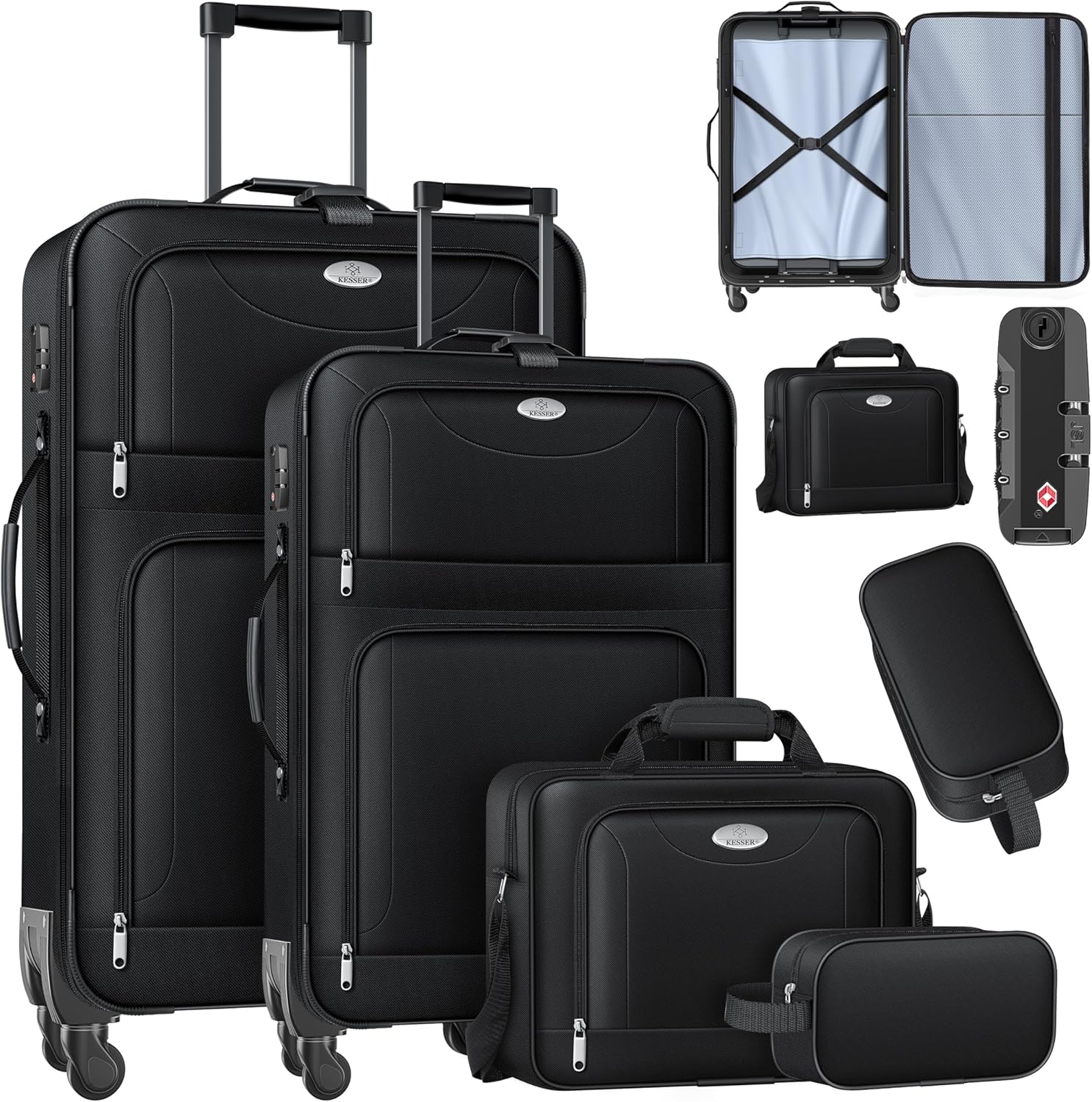 KESSER® Reisekoffer Set 4-teilig | Trolley Kofferset Stoffkoffer mit 3-Ziffern-TSA-Schloss, 360° Rollen & Teleskopgriff | Kosmetiktasche Handgepäck Leichter Koffer & große Koffer