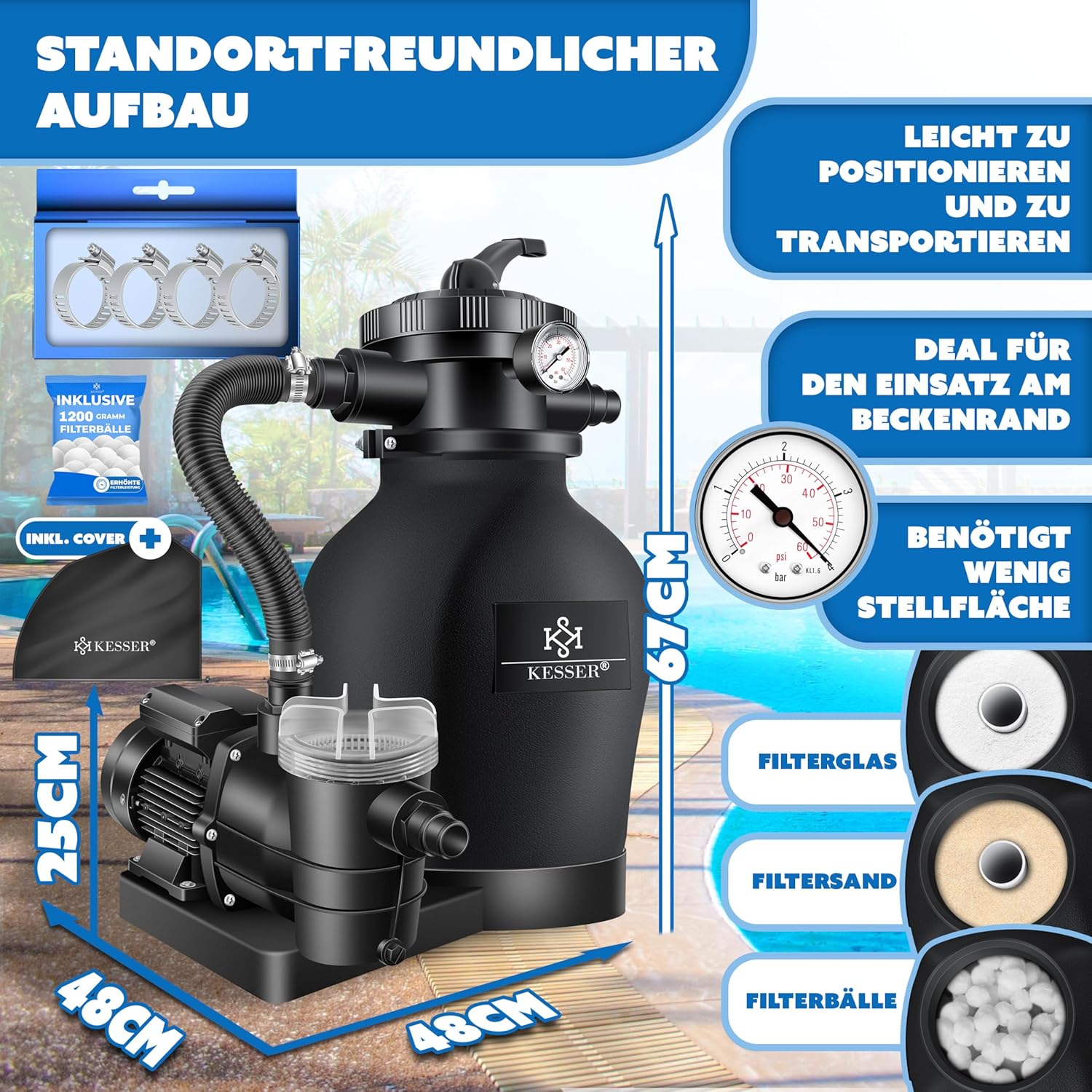 KESSER® Sandfilteranlage mit Pumpe & 1200g Filterbälle | Poolfilter 600W | Sandfilter für Pool 13200L/h Durchfluss | Tankvolumen bis 30kg Sand | 7-Wege Ventil mit Druckmanometer, Abdeckung & Zubehör — Ansicht 2
