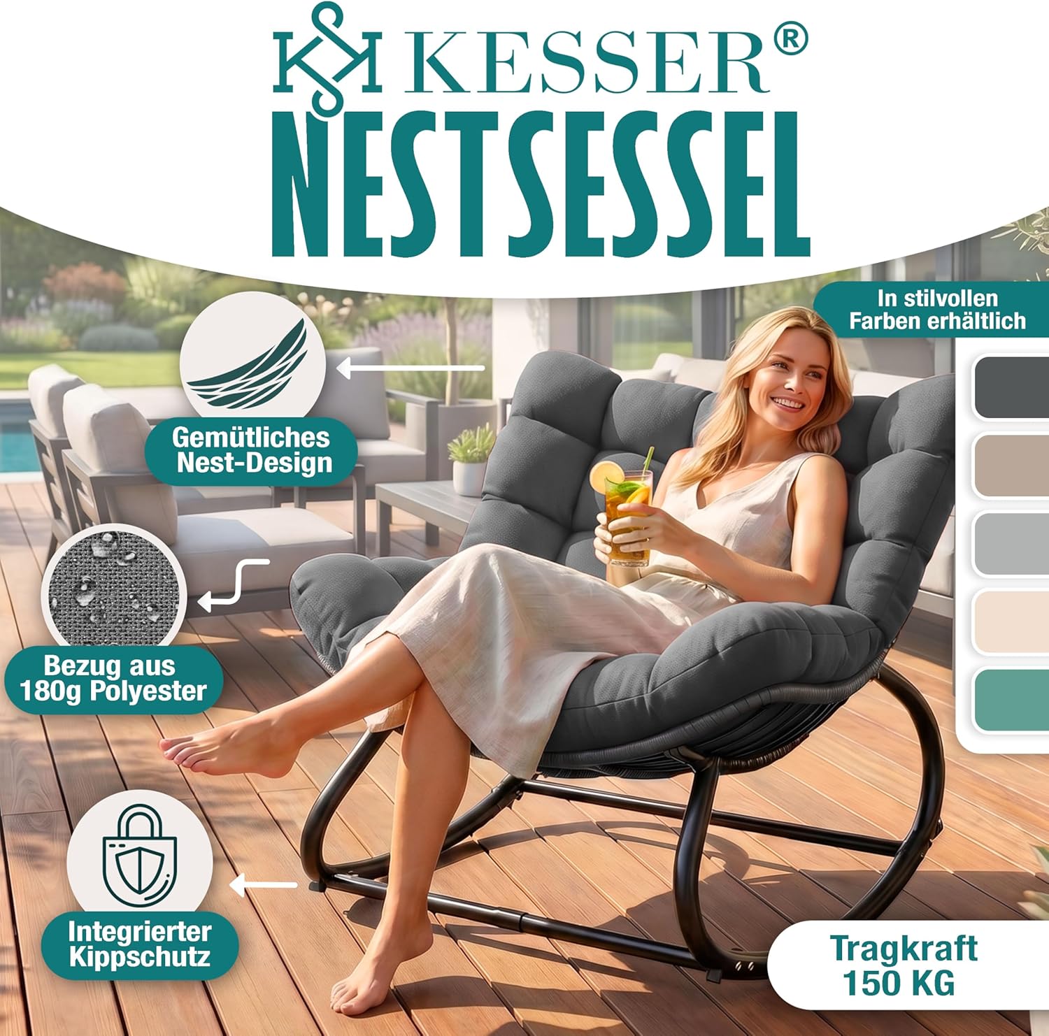 KESSER® Schaukelstuhl XXL Outdoor, ergonomischer Schaukelsessel mit Sitzpolster für In- & Outdoor, Relaxsessel Garten, Balkon Sessel, wetterfester Gartenstuhl bequem, rutschfest, bis 150kg, Anthrazit — Ansicht 3