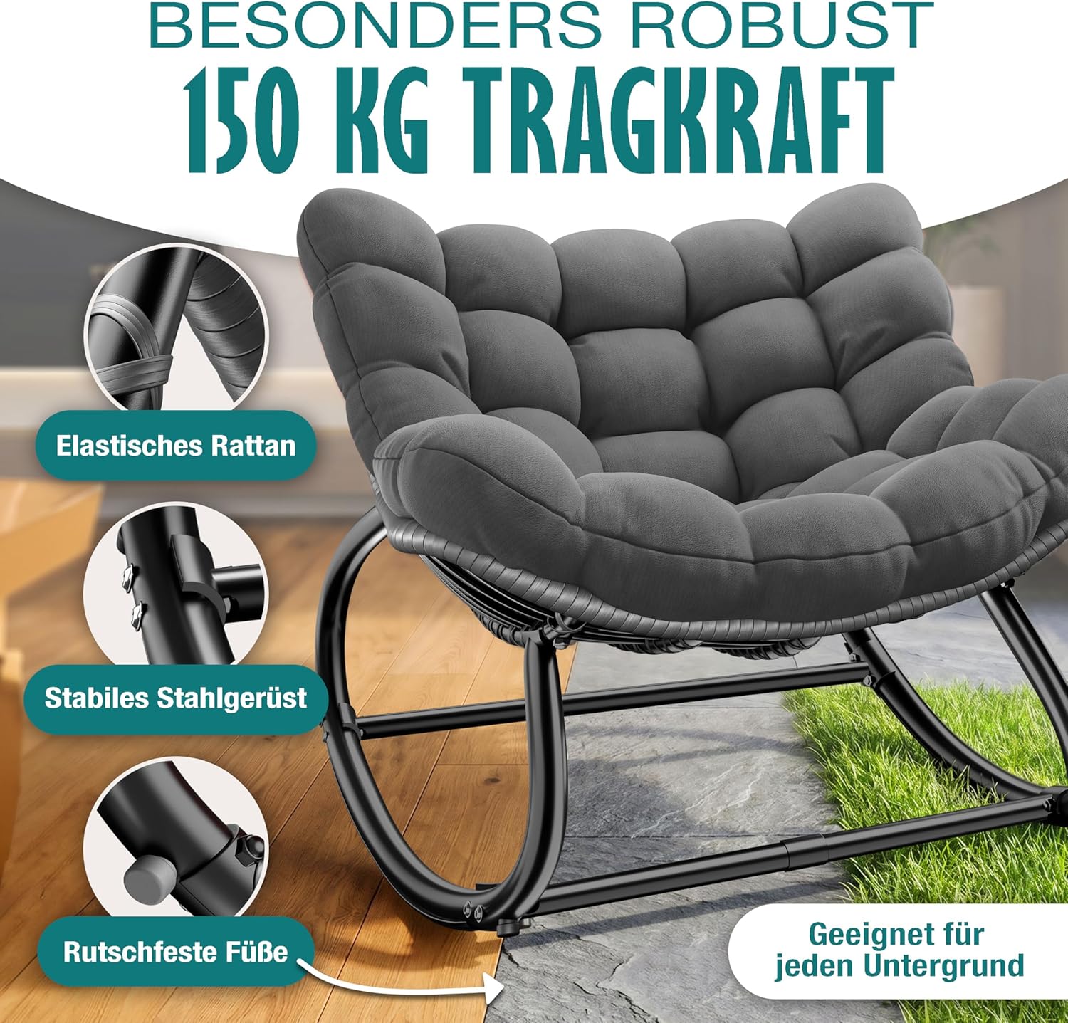 KESSER® Schaukelstuhl XXL Outdoor, ergonomischer Schaukelsessel mit Sitzpolster für In- & Outdoor, Relaxsessel Garten, Balkon Sessel, wetterfester Gartenstuhl bequem, rutschfest, bis 150kg, Anthrazit — Ansicht 6
