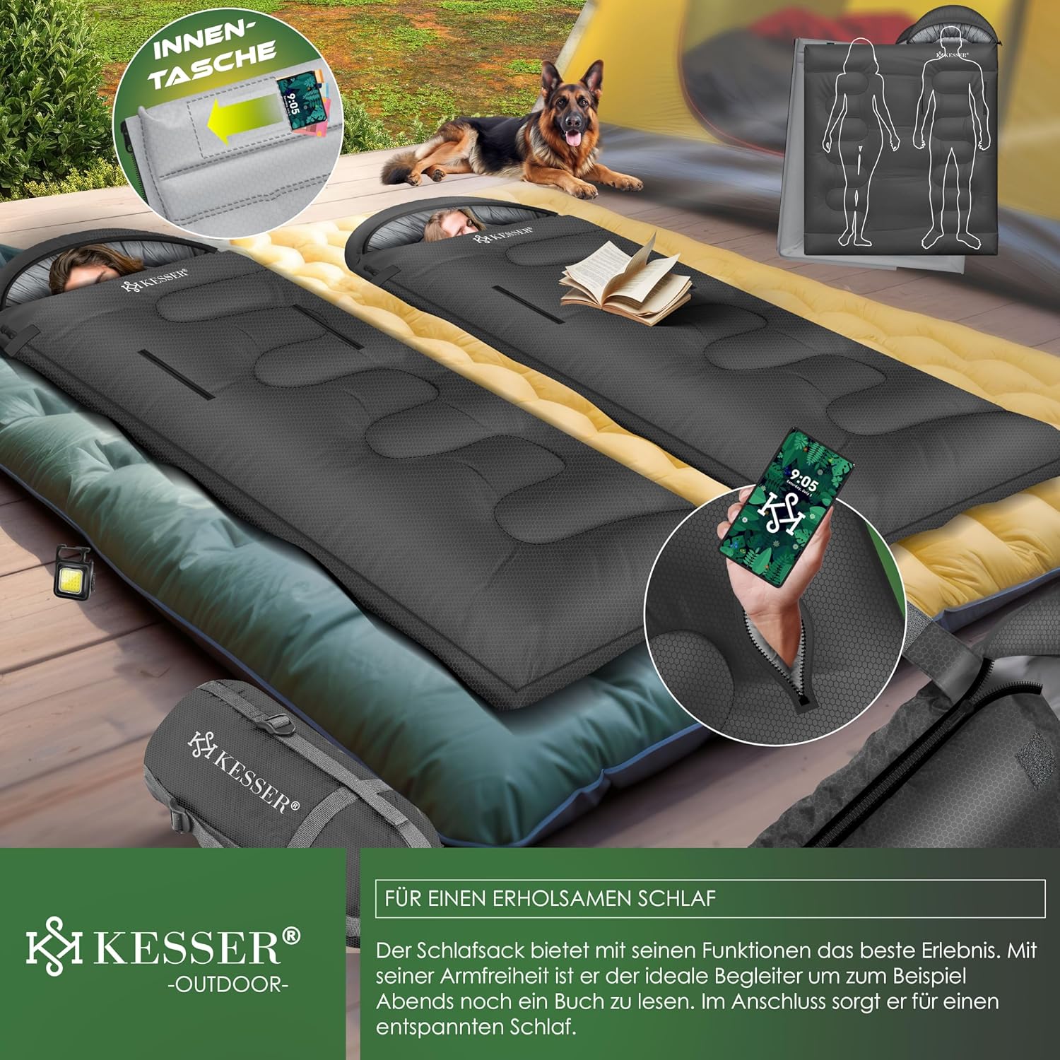 KESSER® Schlafsack Outdoor | Deckenschlafsack 3-4 Jahreszeiten | Camping-Sleeping-Bag für Erwachsene & Kinder | Leicht Tragbar Warm & Wasserabweisend inkl. Campinglampe & Seitentasche — Ansicht 4