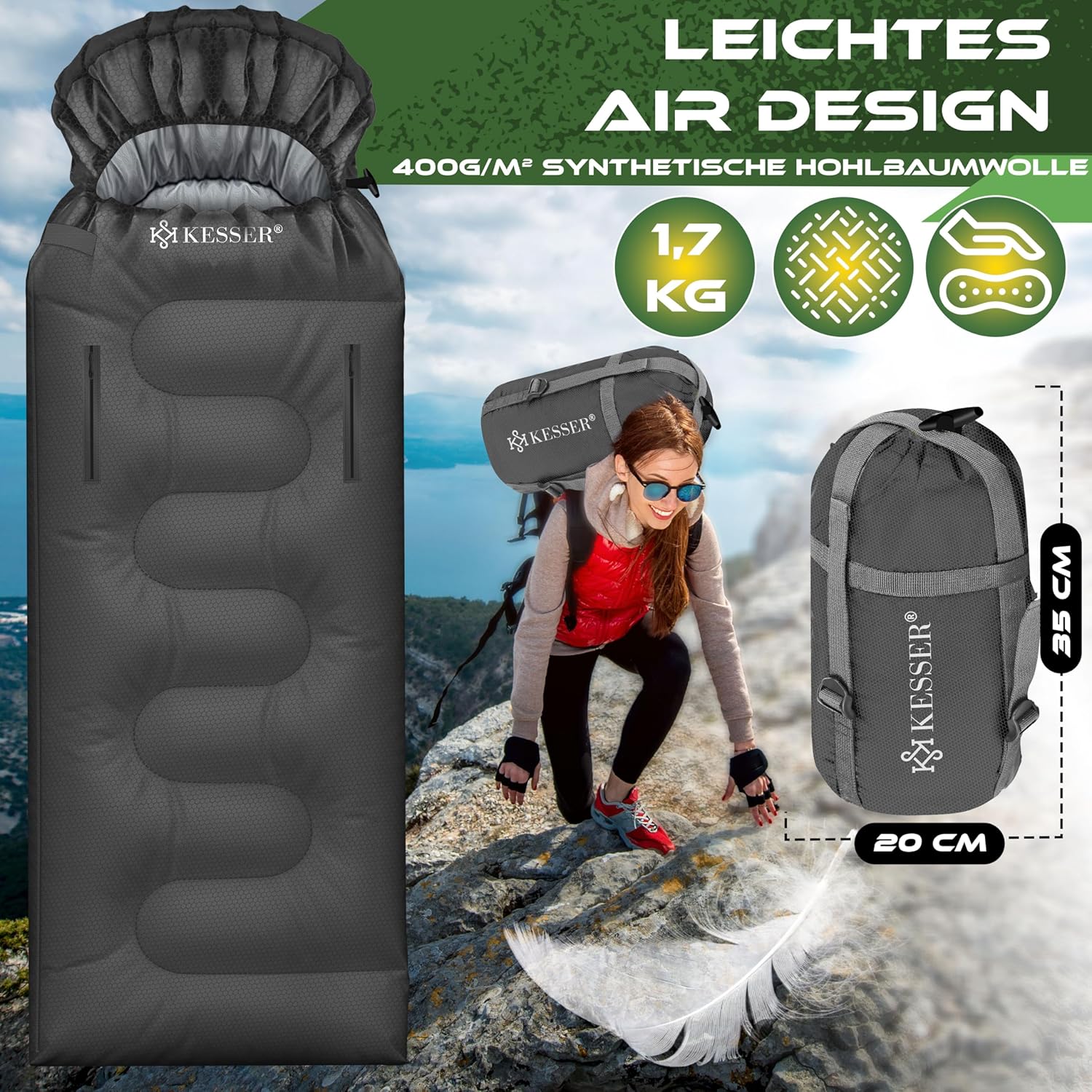 KESSER® Schlafsack Outdoor | Deckenschlafsack 3-4 Jahreszeiten | Camping-Sleeping-Bag für Erwachsene & Kinder | Leicht Tragbar Warm & Wasserabweisend inkl. Campinglampe & Seitentasche — Ansicht 5