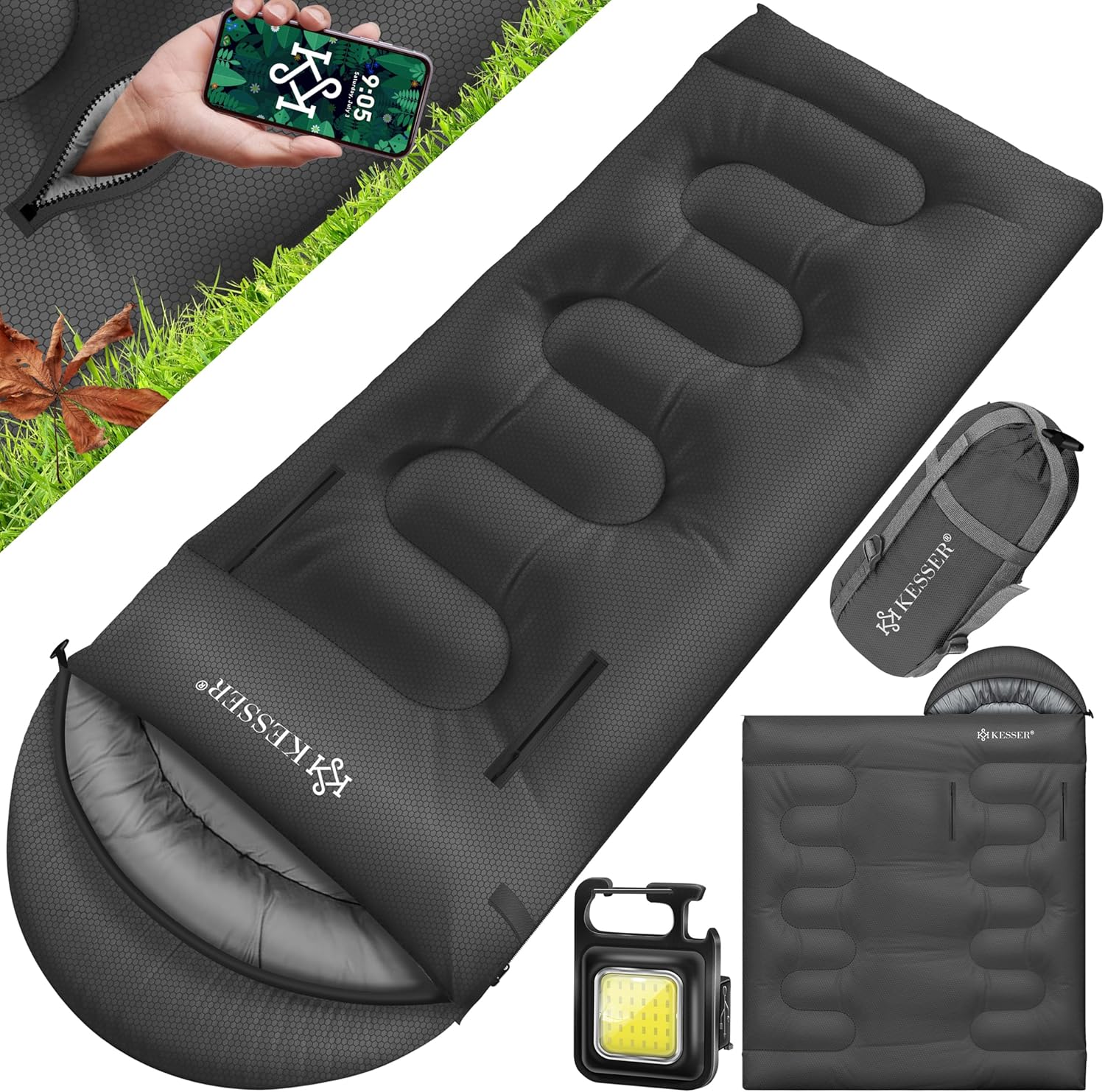 KESSER® Schlafsack Outdoor | Deckenschlafsack 3-4 Jahreszeiten | Camping-Sleeping-Bag für Erwachsene & Kinder | Leicht Tragbar Warm & Wasserabweisend inkl. Campinglampe & Seitentasche